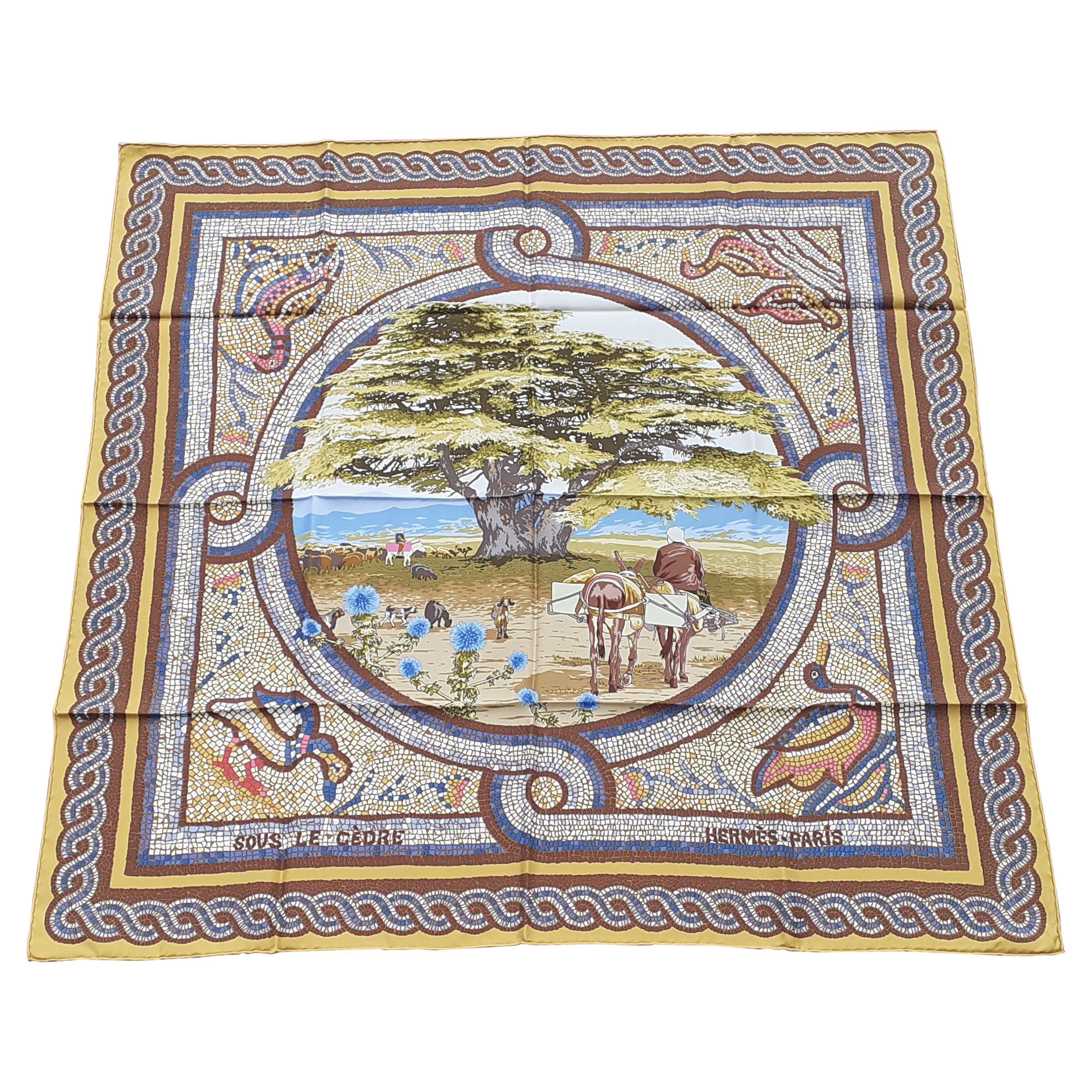 Hermès Silk Scarf Sous Le Cèdre Dimitri Rybaltchenko Mosaic Ocher 90 cm RARE