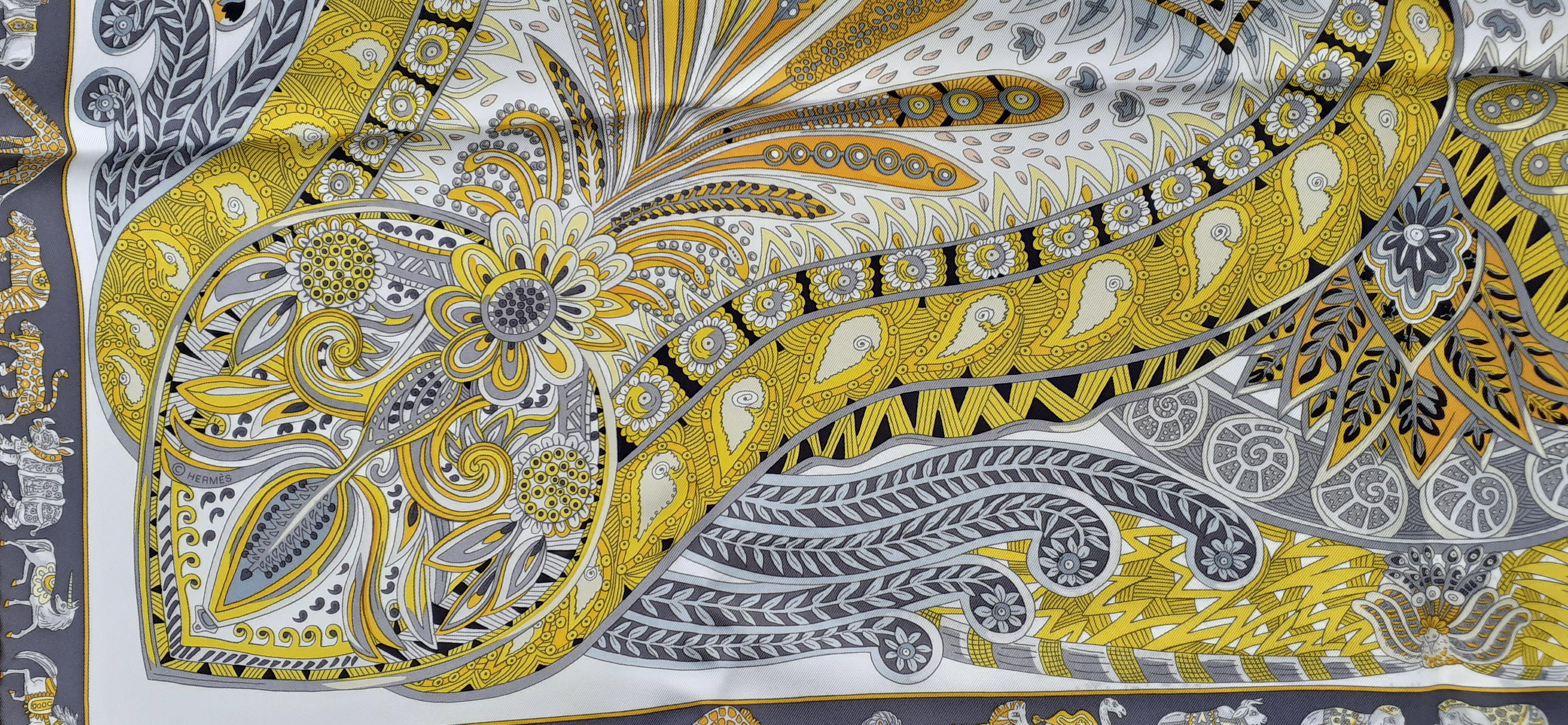 Hermès Silk Scarf Sous Le Jardin de la Maharani White Yellow Grey 90 cm 5