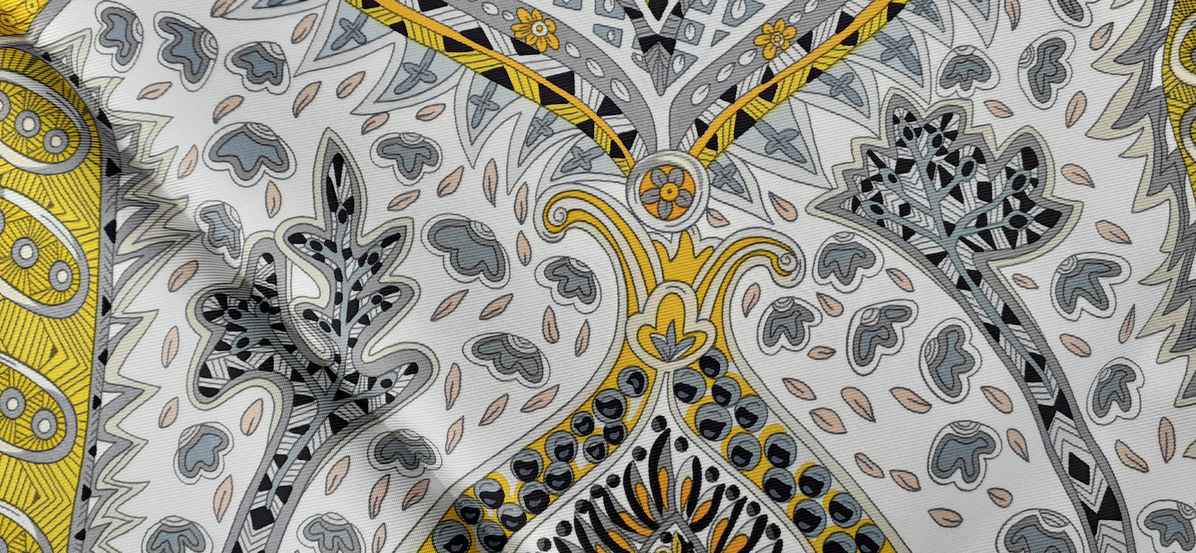 Hermès Silk Scarf Sous Le Jardin de la Maharani White Yellow Grey 90 cm 8