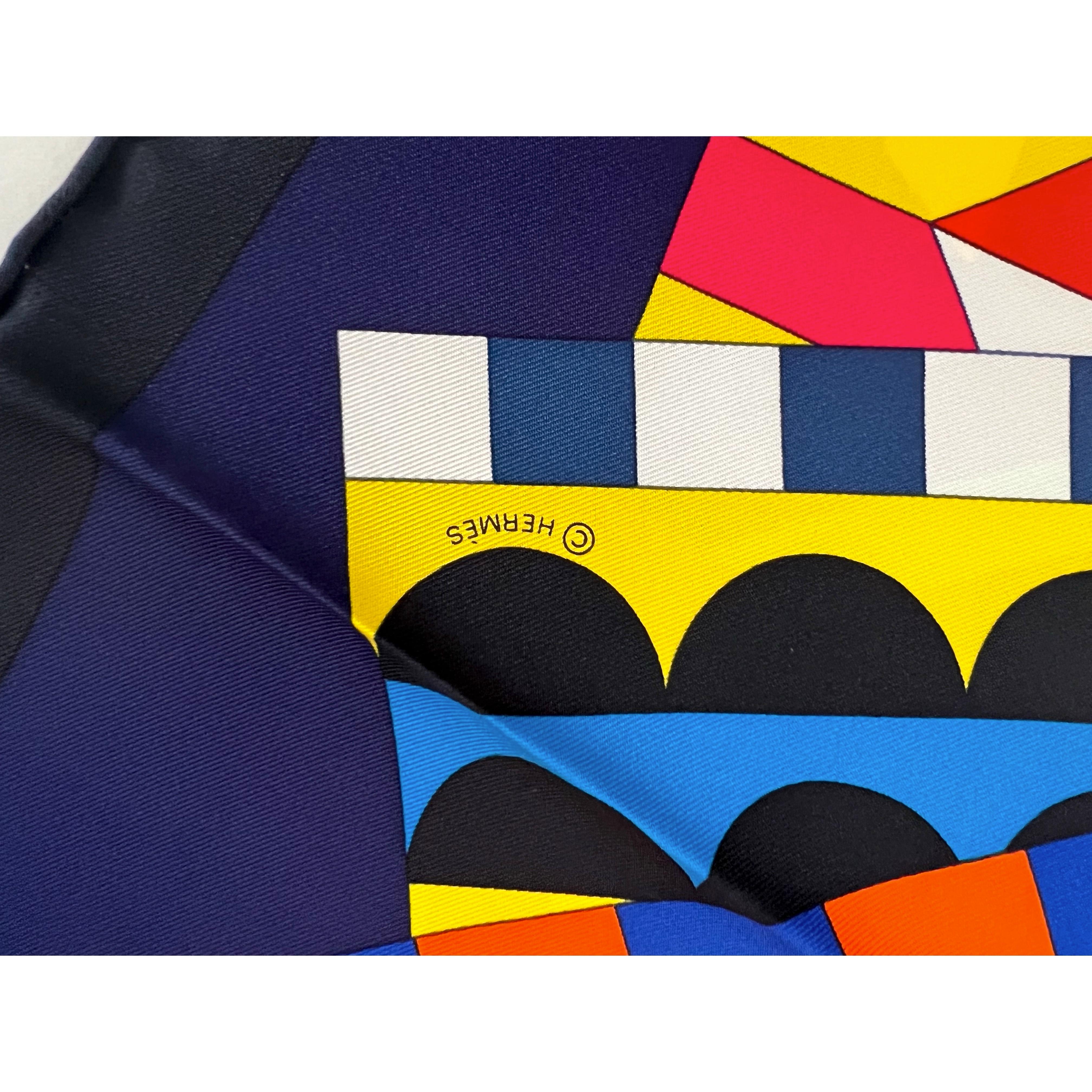 HERMES Silk Scarf Square CHEVAL DE FETE Blue Multi Color Jan Bajtlik 90cm In New Condition For Sale In Hollywood, FL