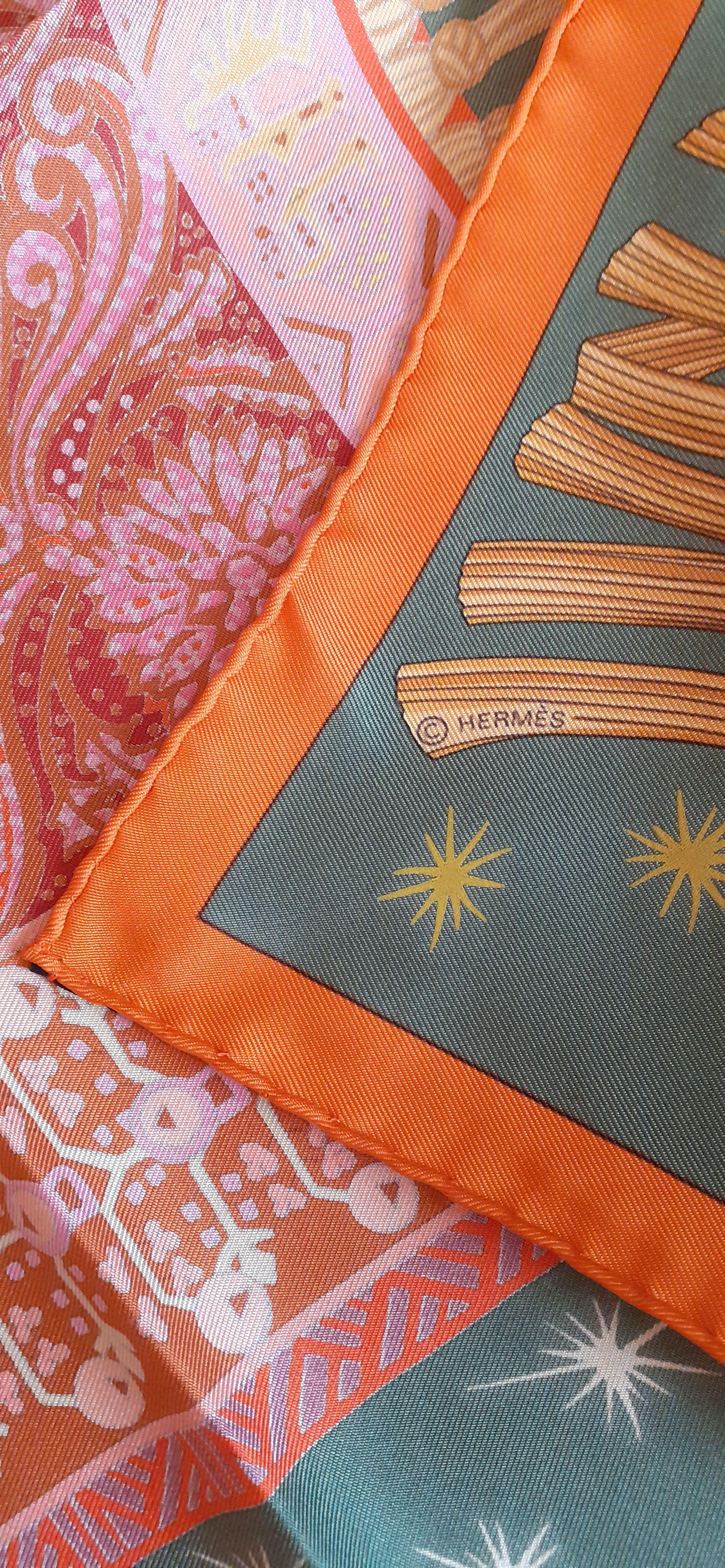 Hermès Silk Scarf Sur Un Tapis Volant Annie Faivre 2006 Orange Pink Green 90  en vente 6
