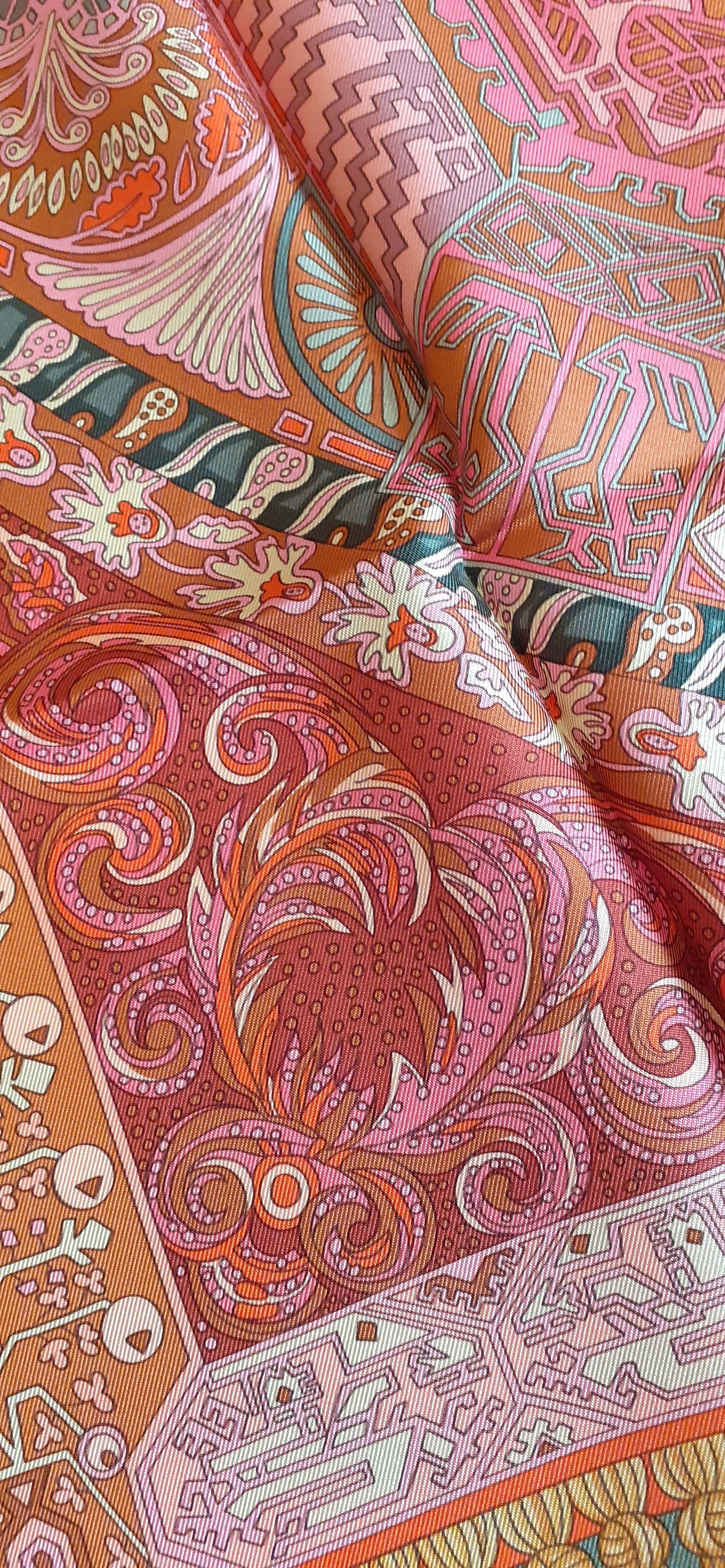 Hermès Silk Scarf Sur Un Tapis Volant Annie Faivre 2006 Orange Pink Green 90  en vente 8