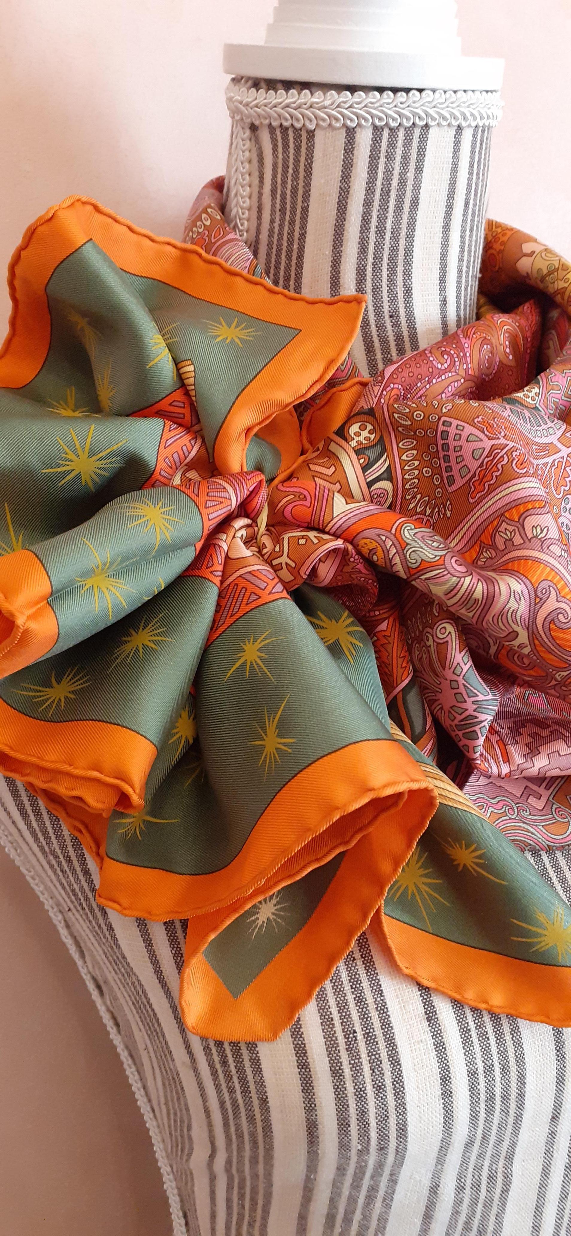 Hermès Silk Scarf Sur Un Tapis Volant Annie Faivre 2006 Orange Pink Green 90  For Sale 11