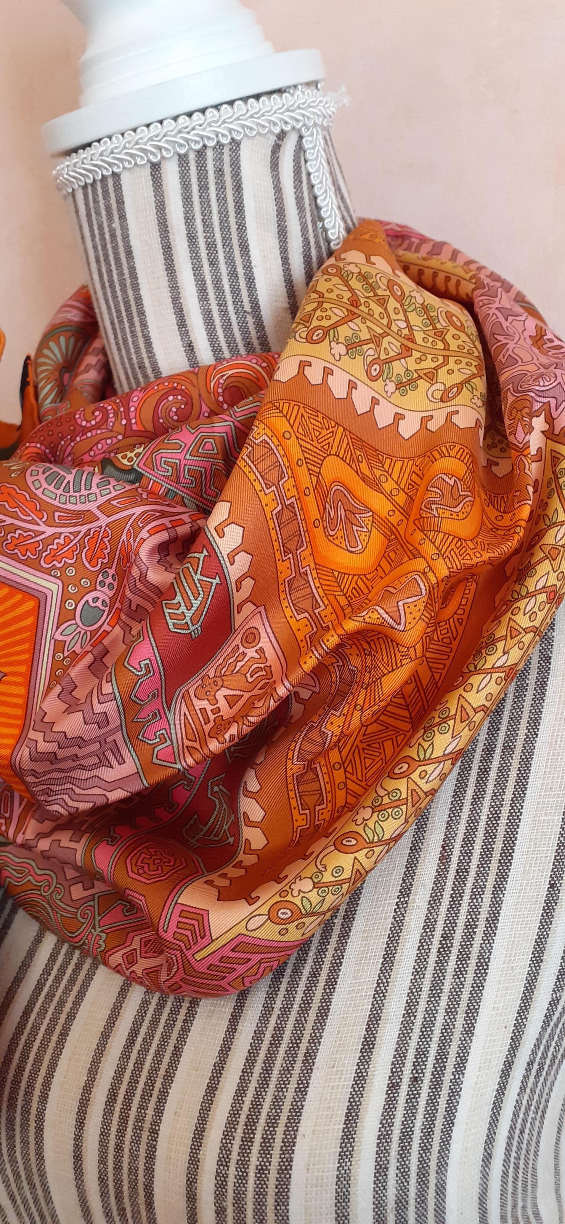 Hermès Silk Scarf Sur Un Tapis Volant Annie Faivre 2006 Orange Pink Green 90  en vente 12