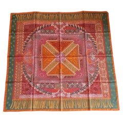 Hermès Silk Scarf Sur Un Tapis Volant Annie Faivre 2006 Orange Pink Green 90