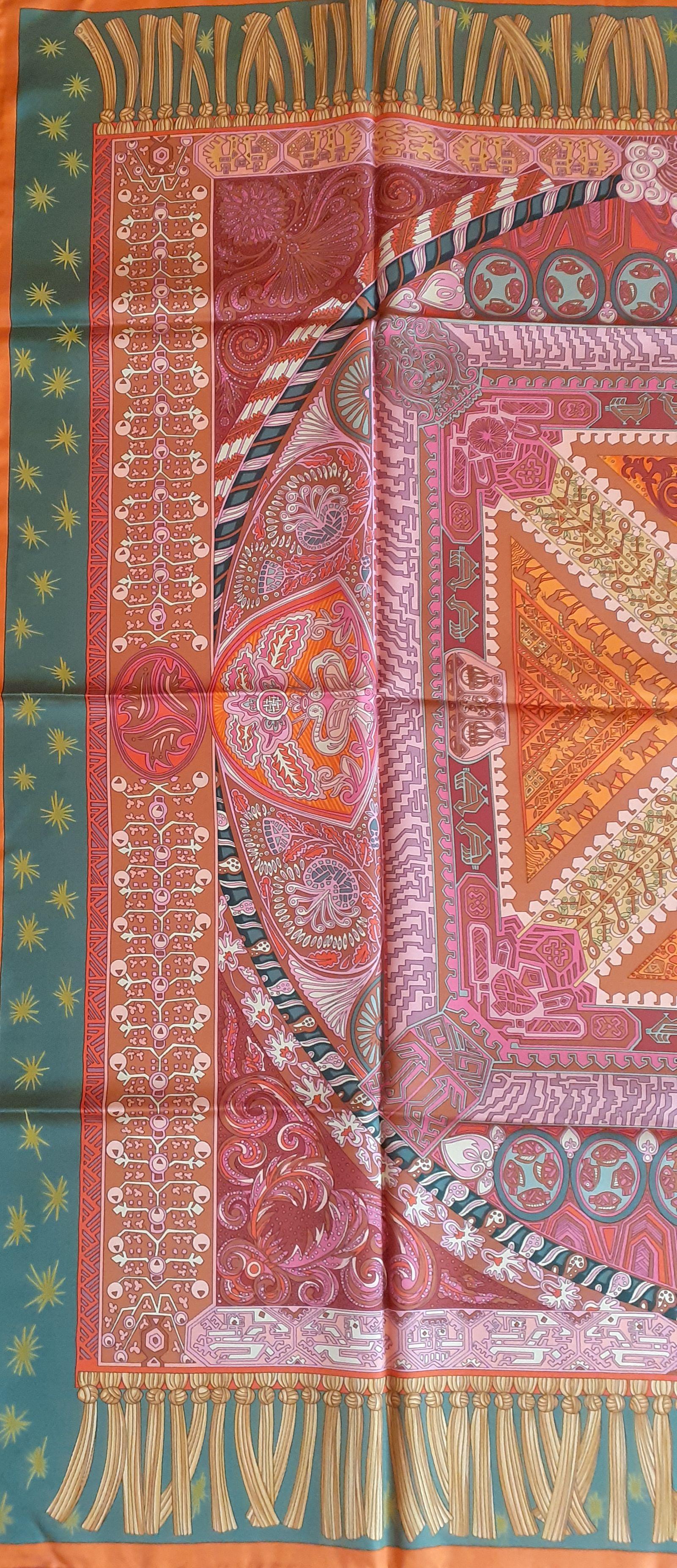 Brown Hermès Silk Scarf Sur Un Tapis Volant Annie Faivre 2006 Orange Pink Green 90  For Sale