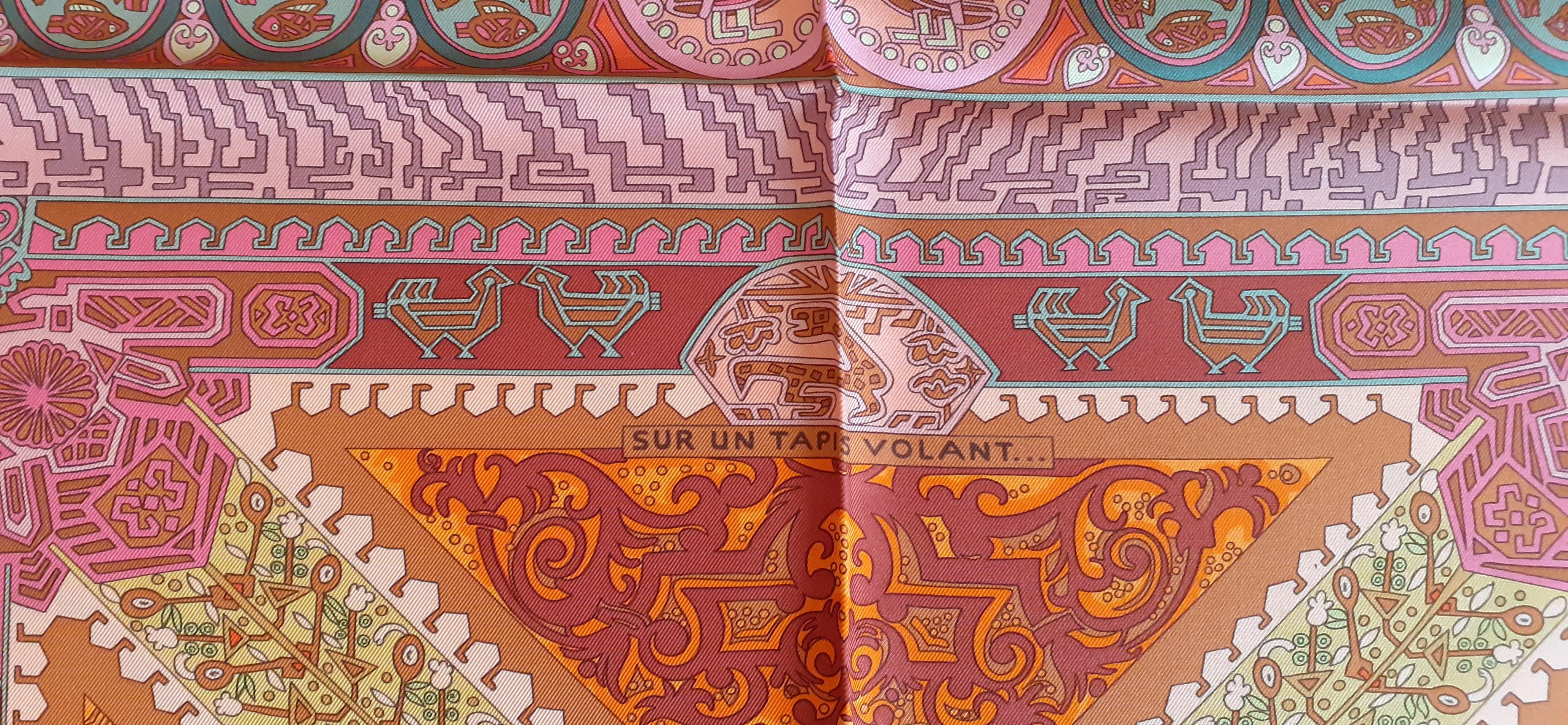 Hermès Silk Scarf Sur Un Tapis Volant Annie Faivre 2006 Orange Pink Green 90  en vente 4