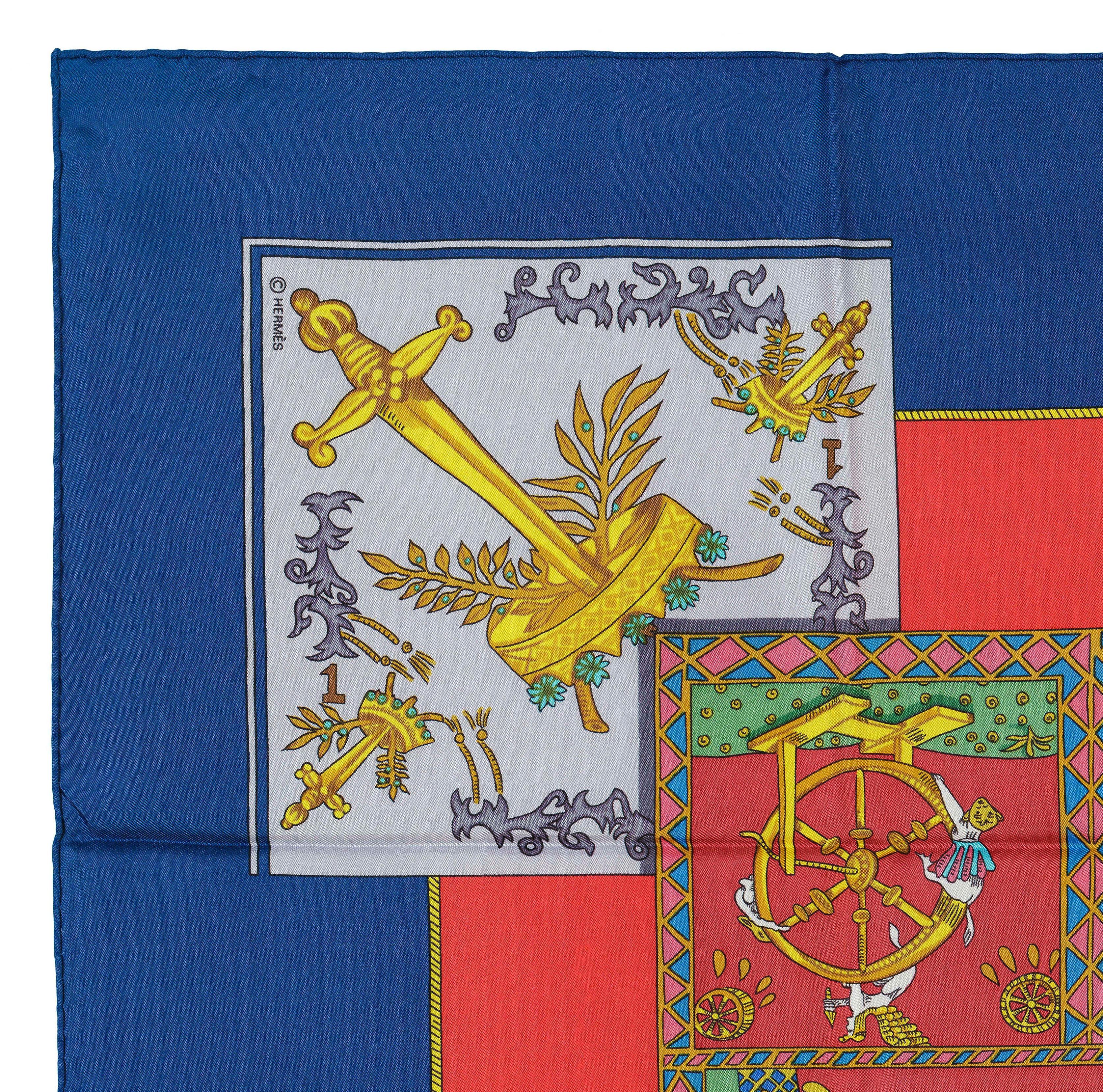 Pañuelo de Seda Hermes - Tarot - Azul Rojo Multicolor - ¡Excelente estado! Gris en venta