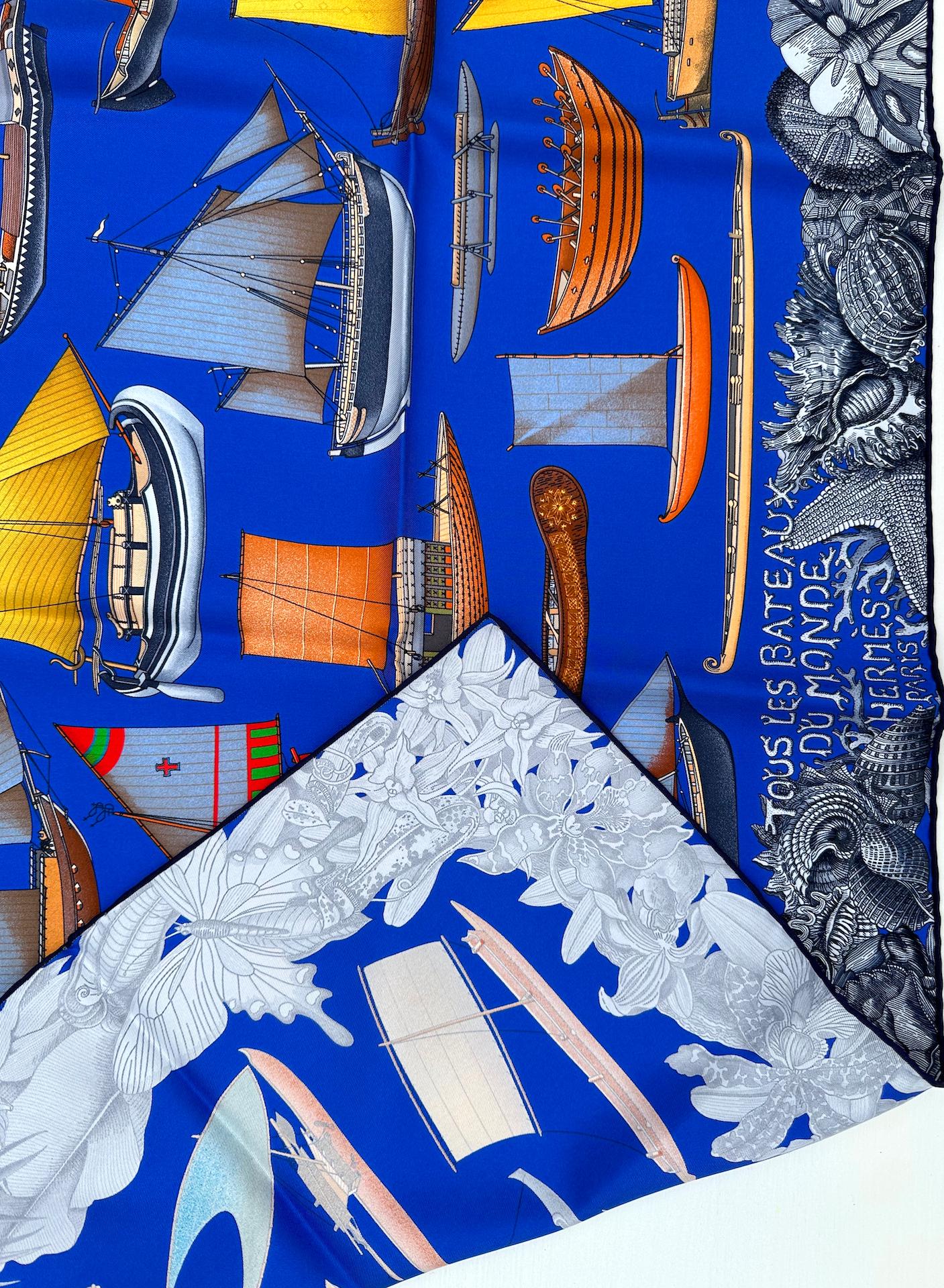 
Hermes Silk Scarf, Tous Les Bateau Du Monde, designed by Aline Honor.
New with Hermes retail tag, and ribbon-tied box..
35 by 35 in.
Condition Report
Excellent