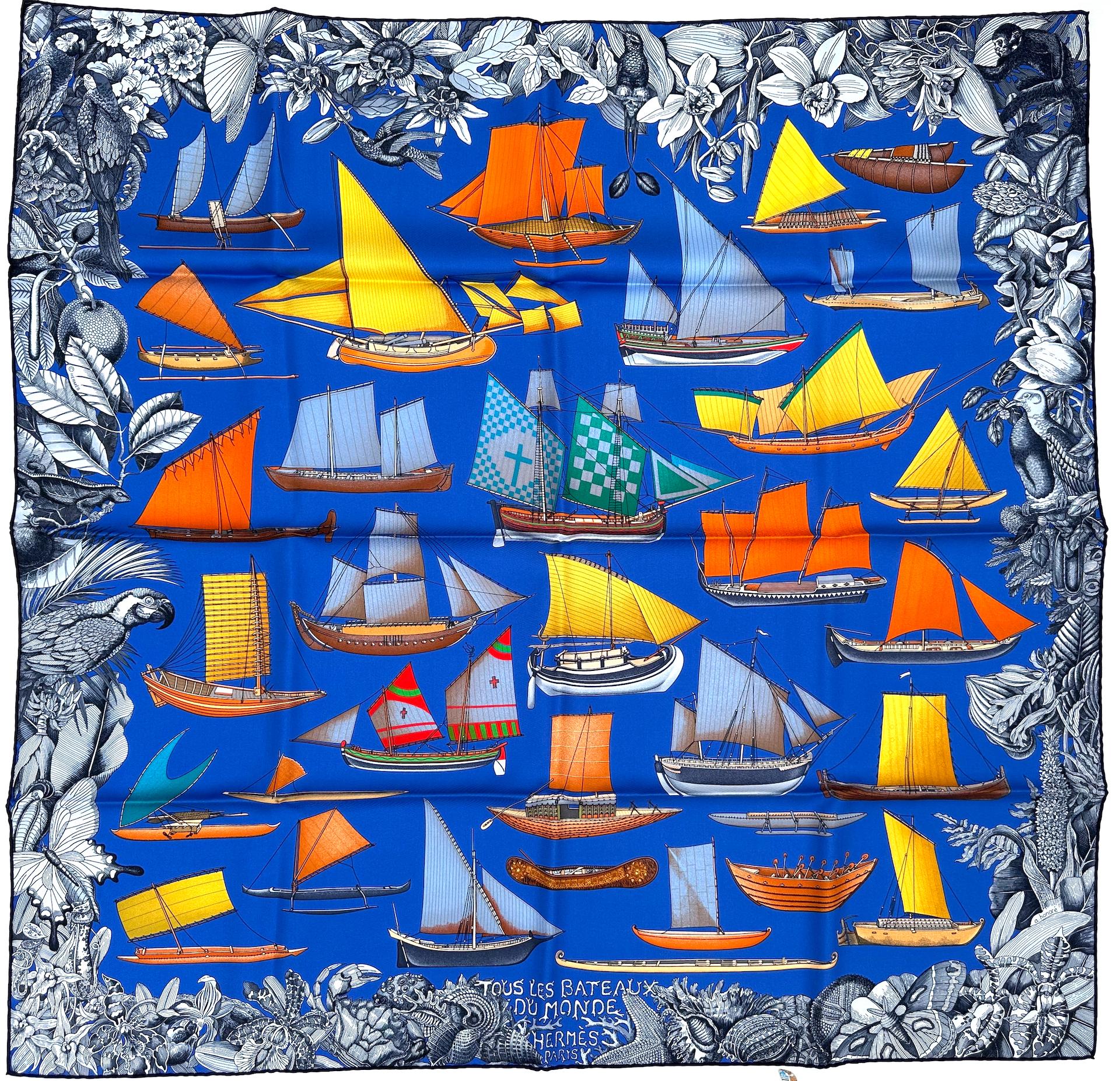 Women's or Men's Hermes Silk Scarf, Tous Les Bateau Du Monde, designed by Aline Honor
