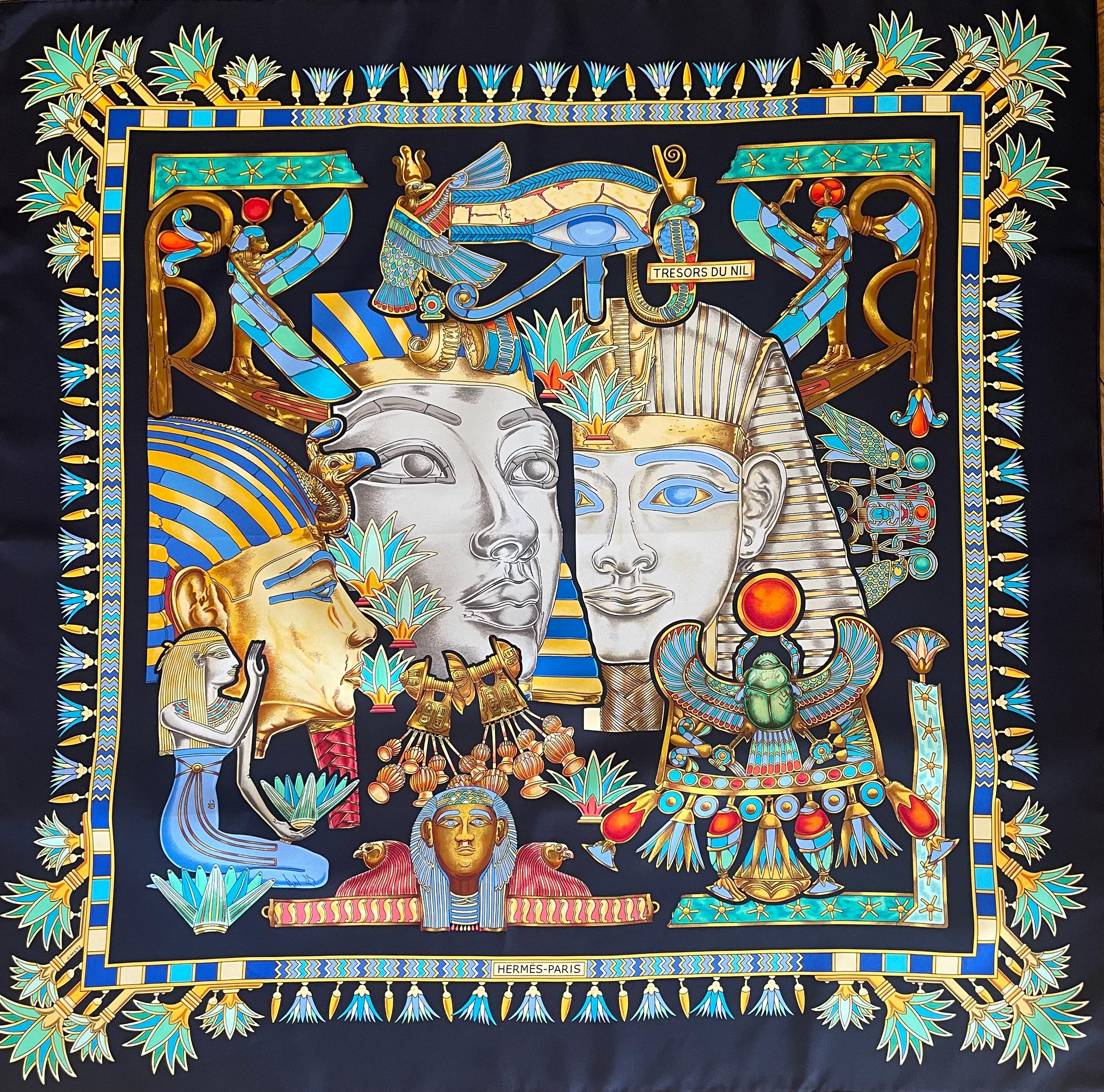 HERMES Tresor du Nil 2003 by Metz Joachim
Ancient Egypt is honored in this yellow silk scarf. Pharaohs and riches are represented by scarab jewelry, birds, and the abundant vegetation of the Nile.
This sumptuous scarf will pair perfectly with your