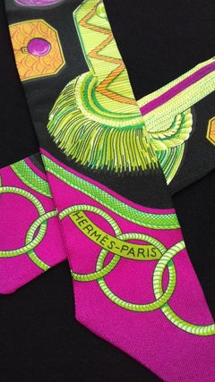 Hermès Silk Scarf Twilly Epaulettes Latham Black Green Pink 85 cm