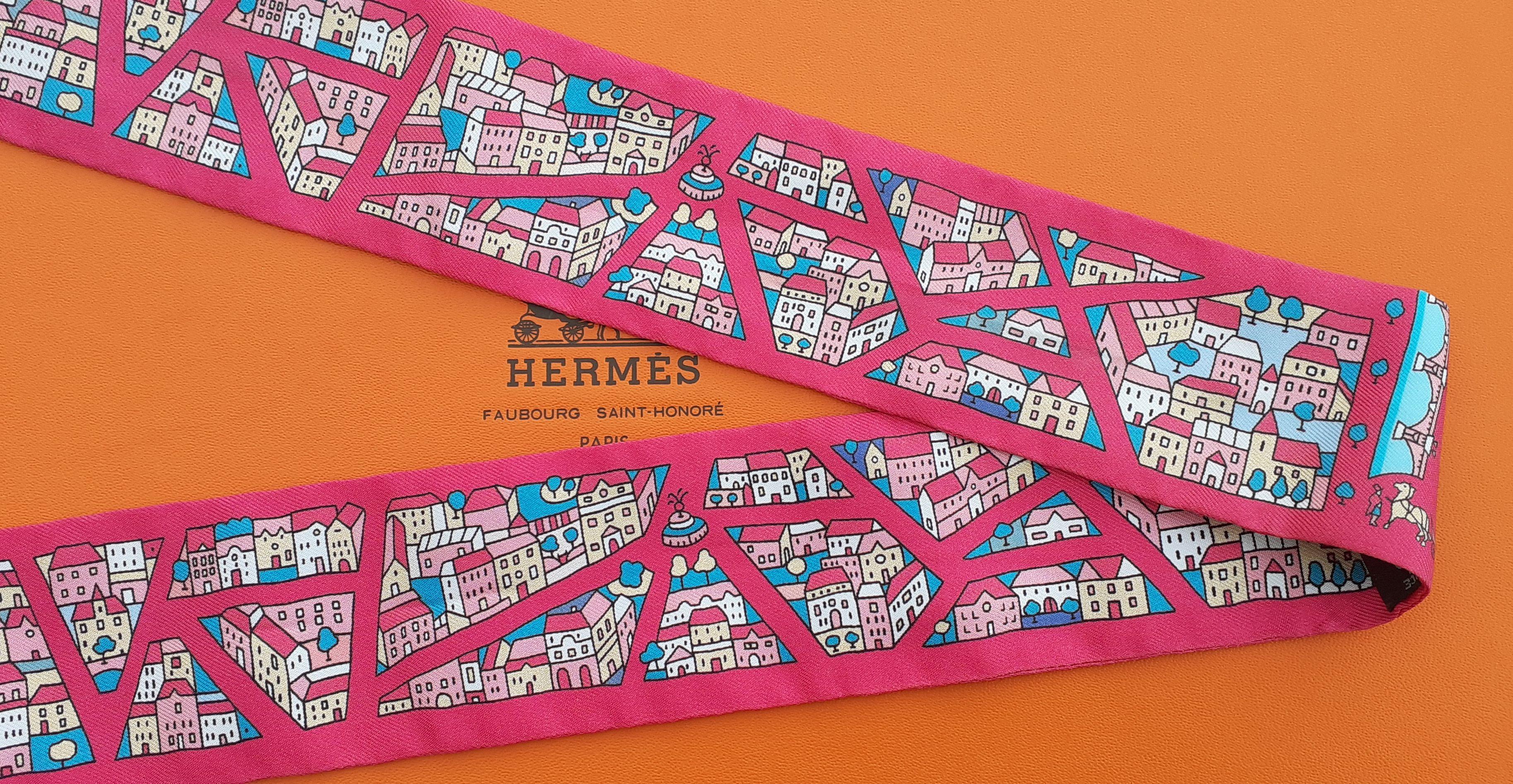 Pink Hermès Silk Scarf Twilly Rive Droite Rive Gauche Paris Rose Vif Cute ! For Sale