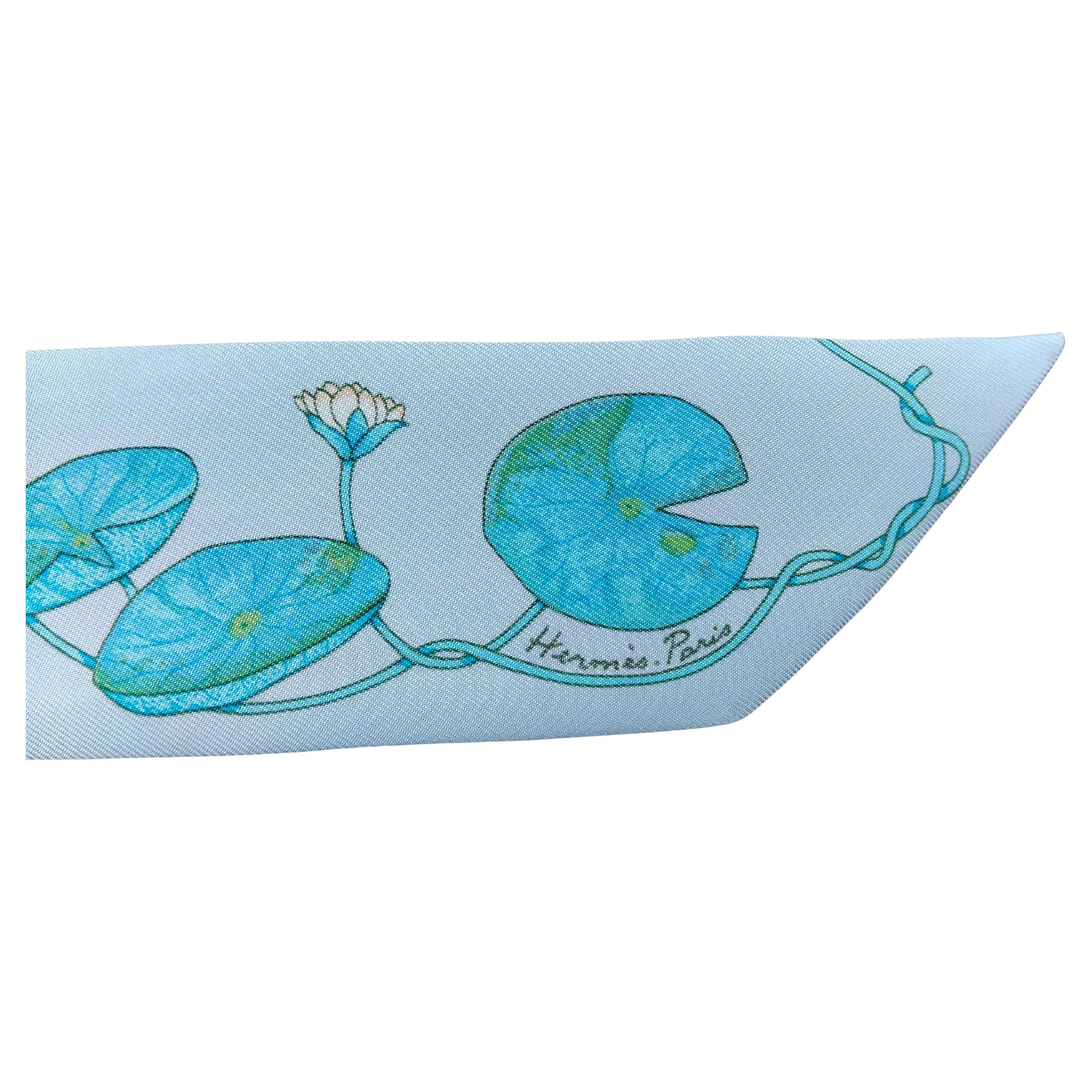 Blue Hermès Silk Scarf Twilly Un Jardin Sur Le Nil Water Lily For Kelly Birkin Bag