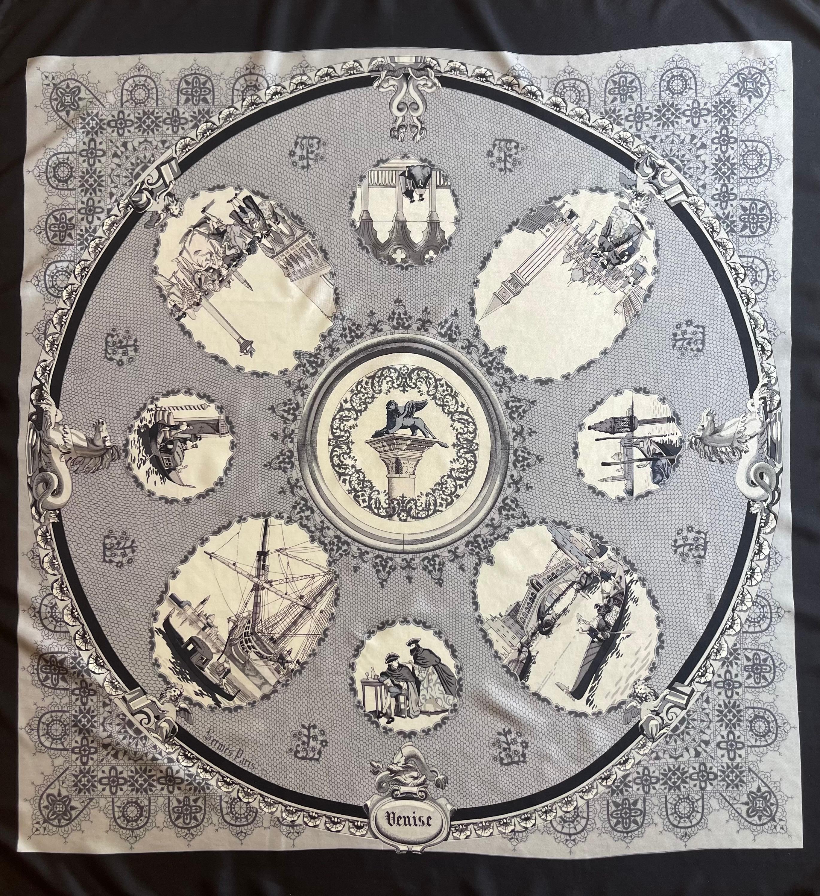 Gray Hermès Silk Scarf « Venise » 1970 For Sale