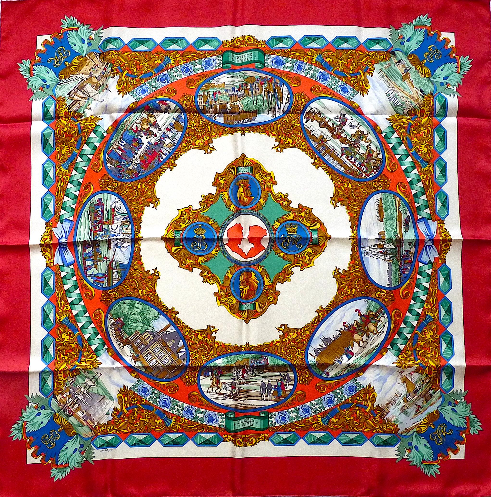 This ultra rare Hermes scarf has been printed in 150 copies only, it was a Special Edition published in 1993 to celebrate the 150 years of the Entente Cordiale between France and the United Kingdom.
In 1843, King Louis-Philippe and Queen Victoria