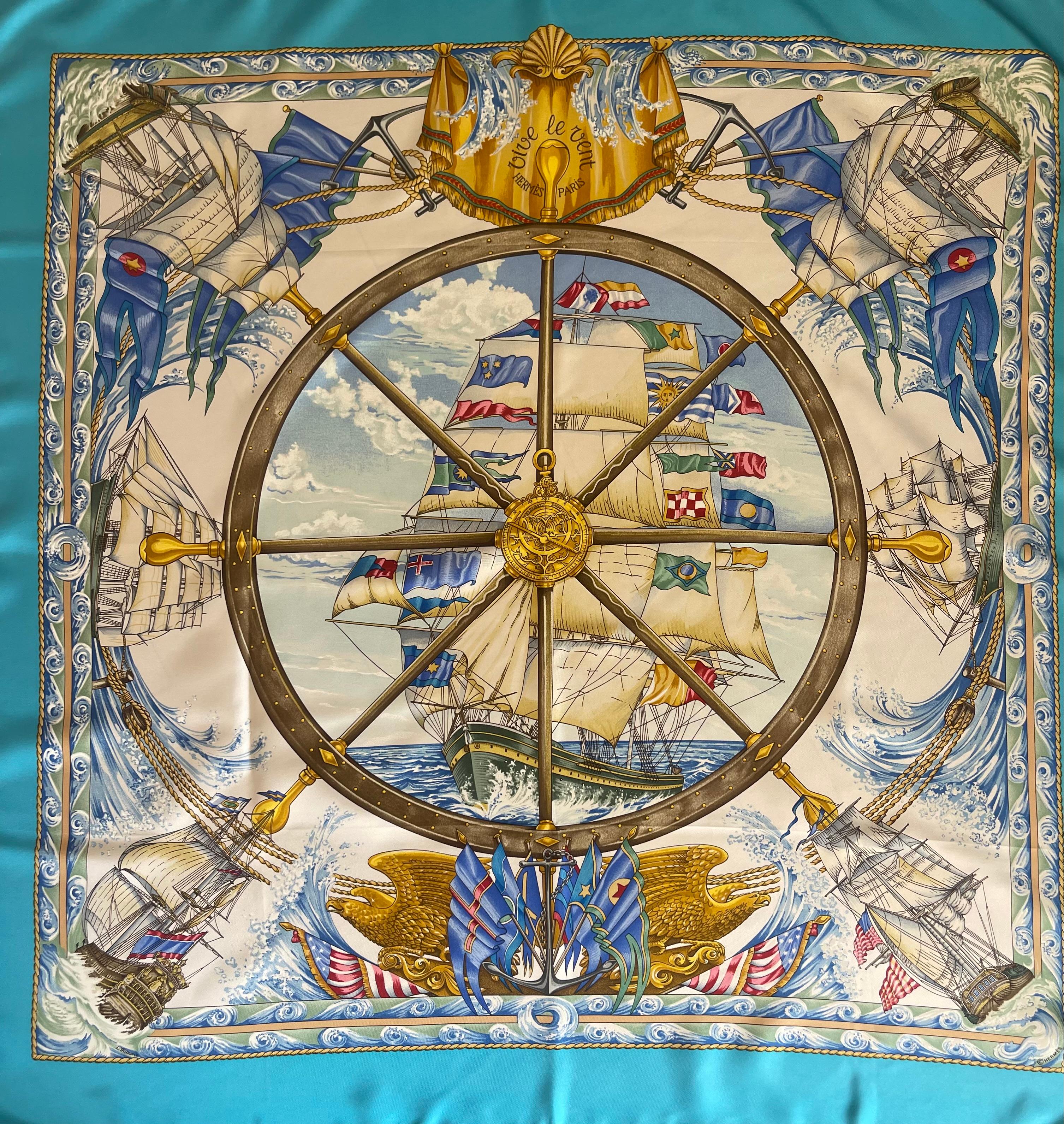 Gray Hermès Silk Scarf “Vive Le Vent” 1992 For Sale