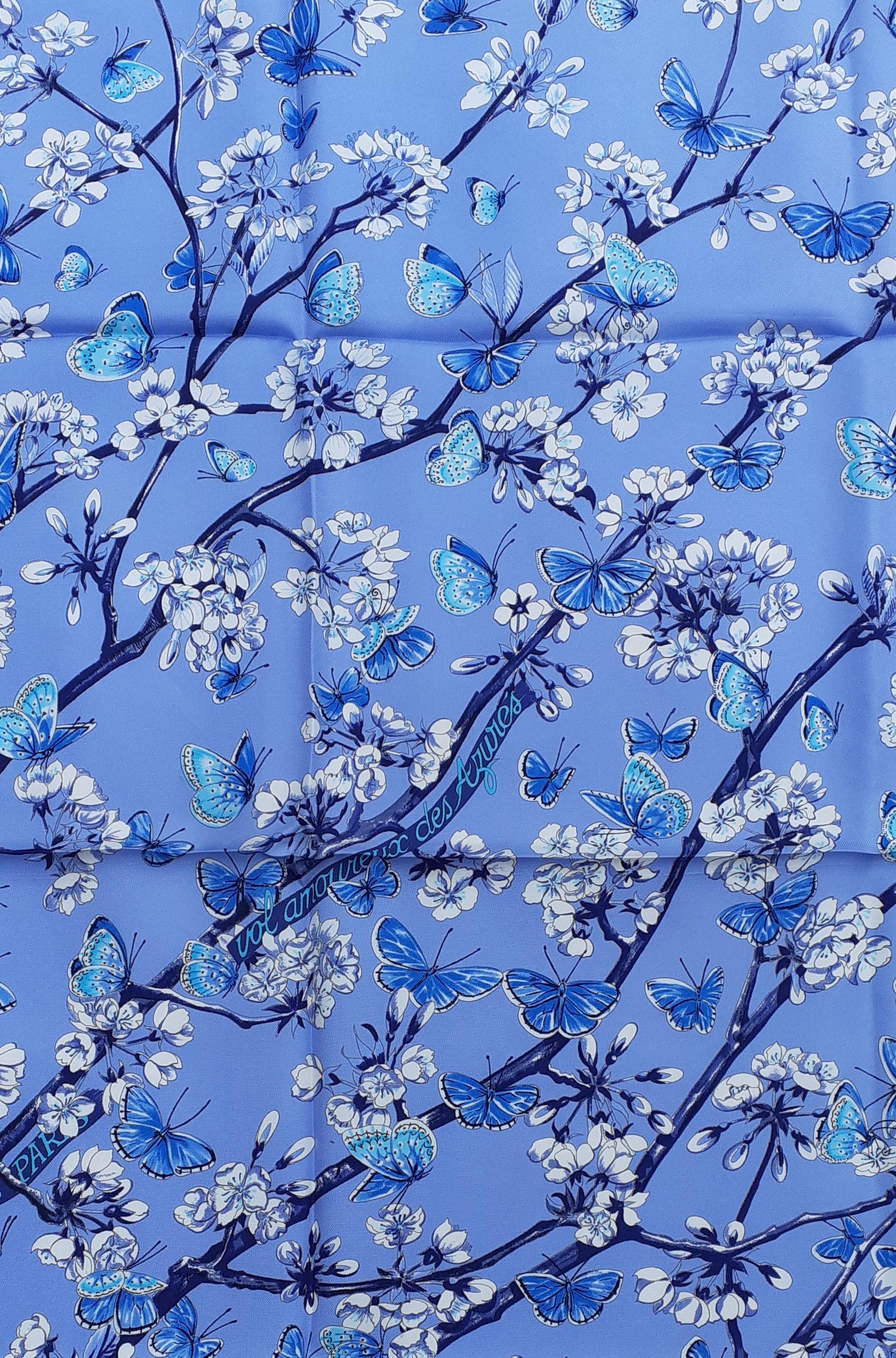 Women's Hermès Silk Scarf Vol Amoureux des Azurés Butterflies Blue Toutsy 90 cm For Sale