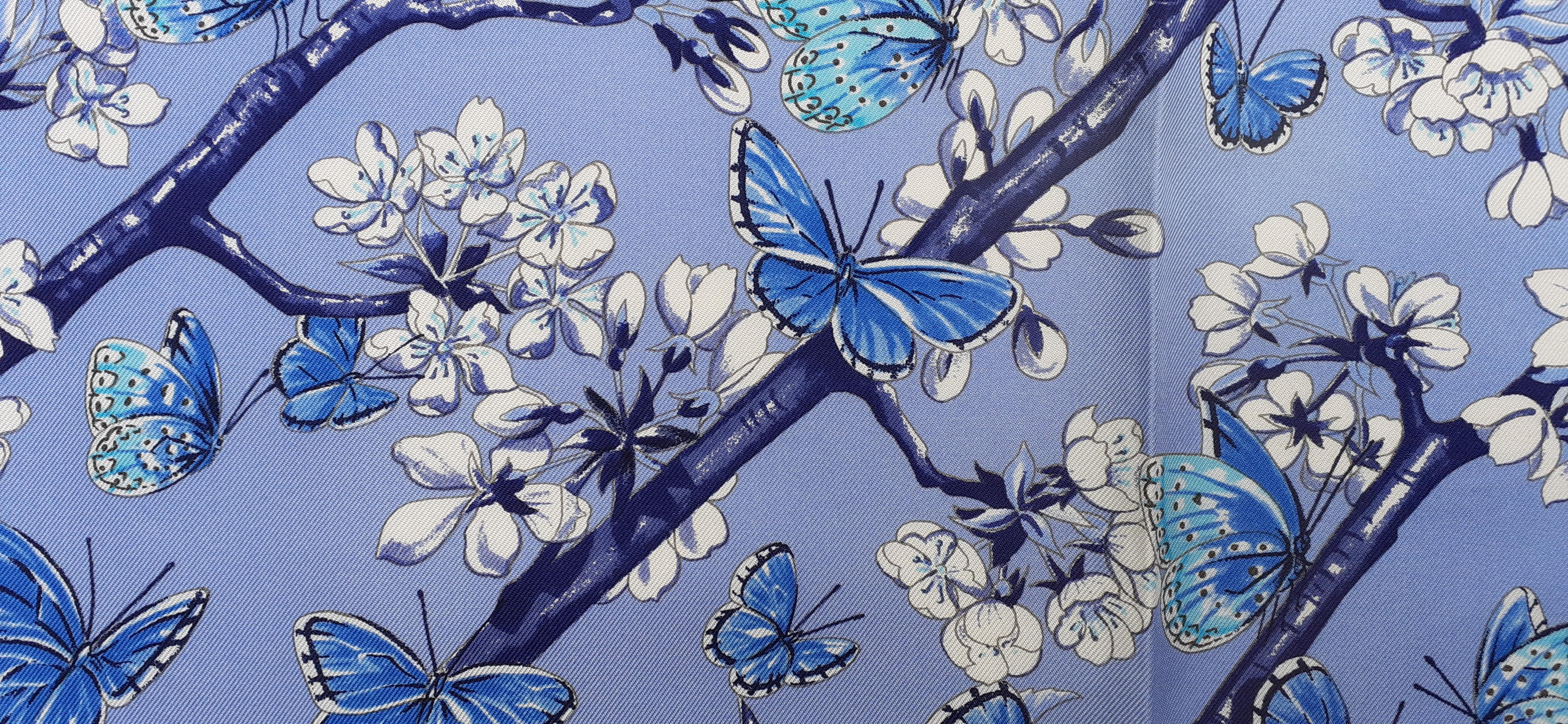 Hermès Silk Scarf Vol Amoureux des Azurés Butterflies Blue Toutsy 90 cm 2