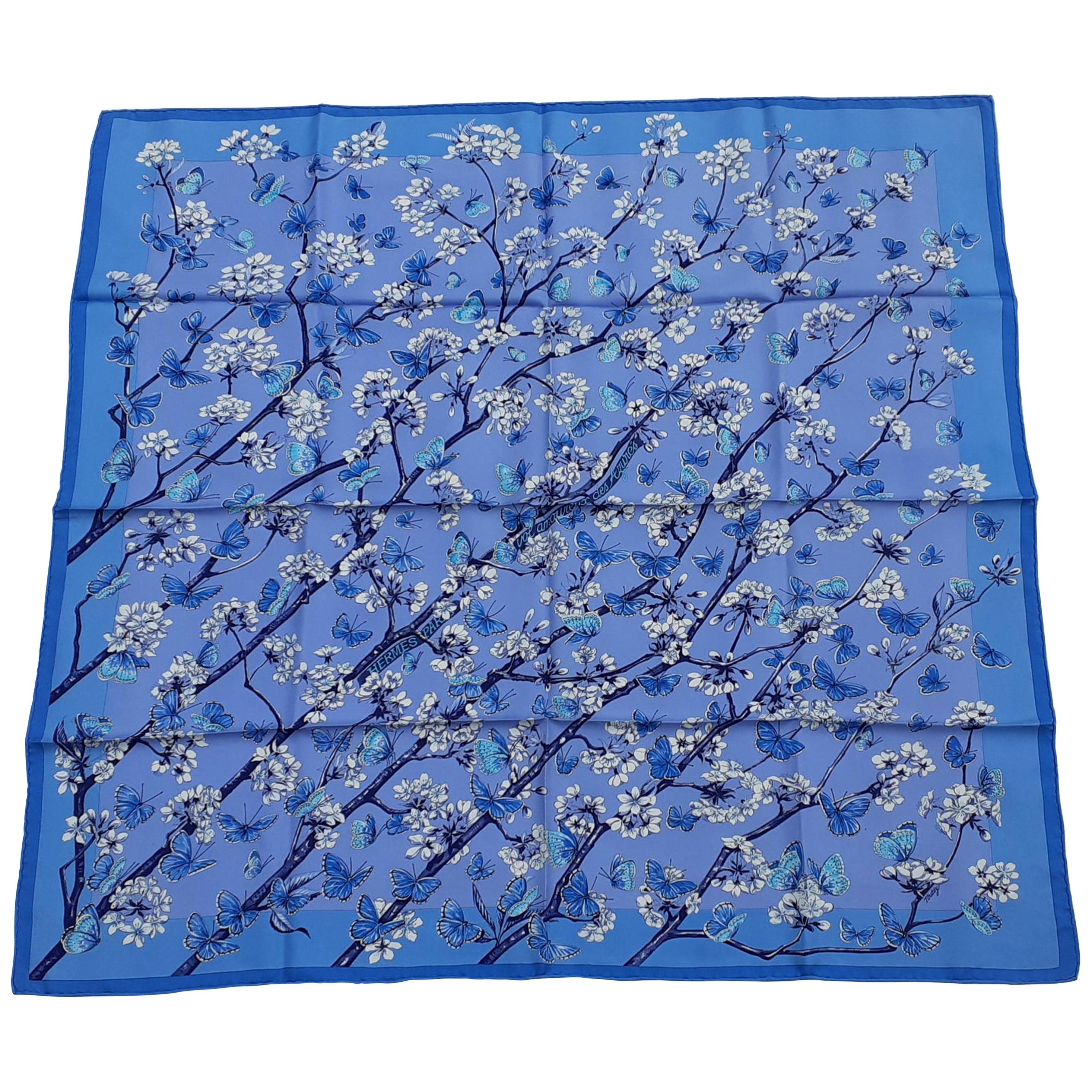 Hermès Silk Scarf Vol Amoureux des Azurés Butterflies Blue Toutsy 90 cm