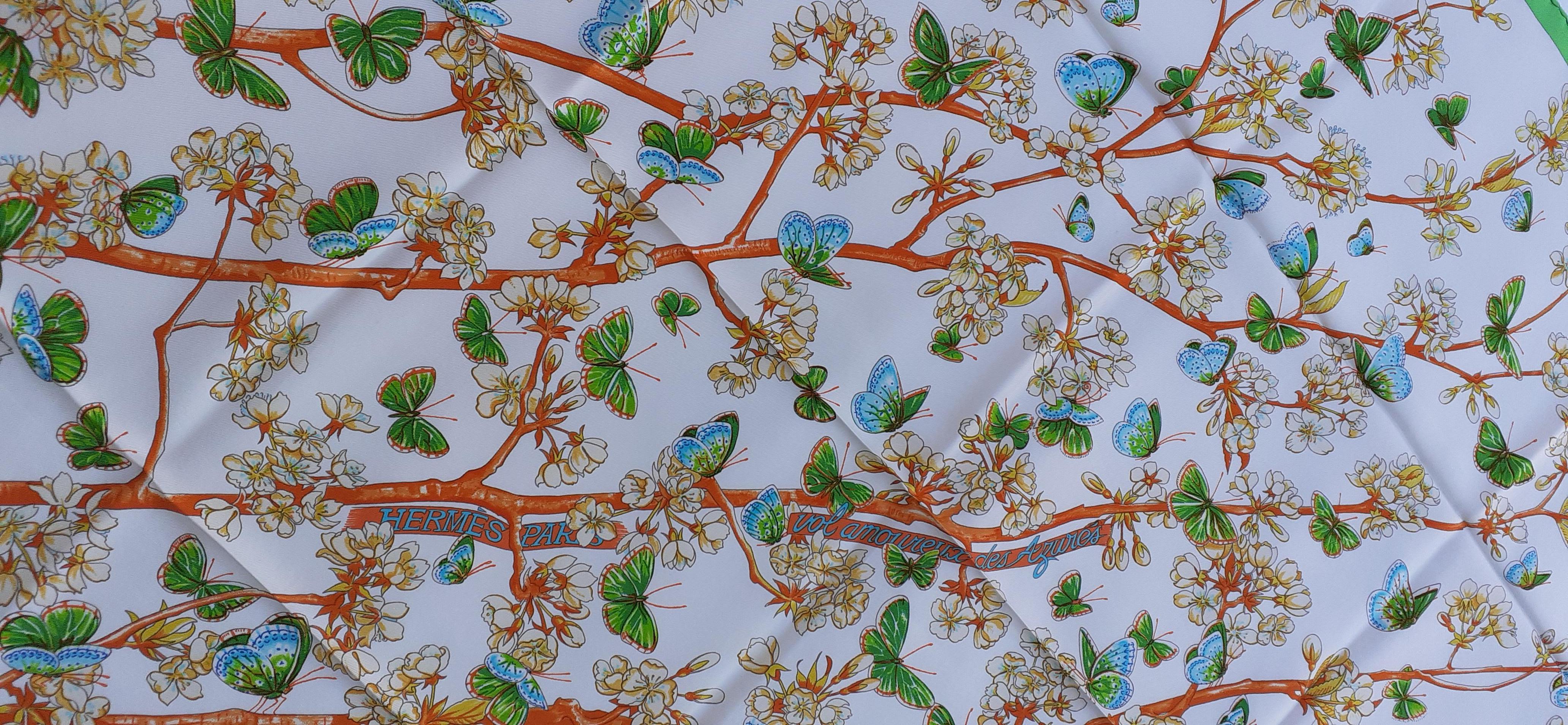 Hermès Silk Scarf Vol Amoureux des Azurés Butterflies White Green Toutsy 90 cm 10