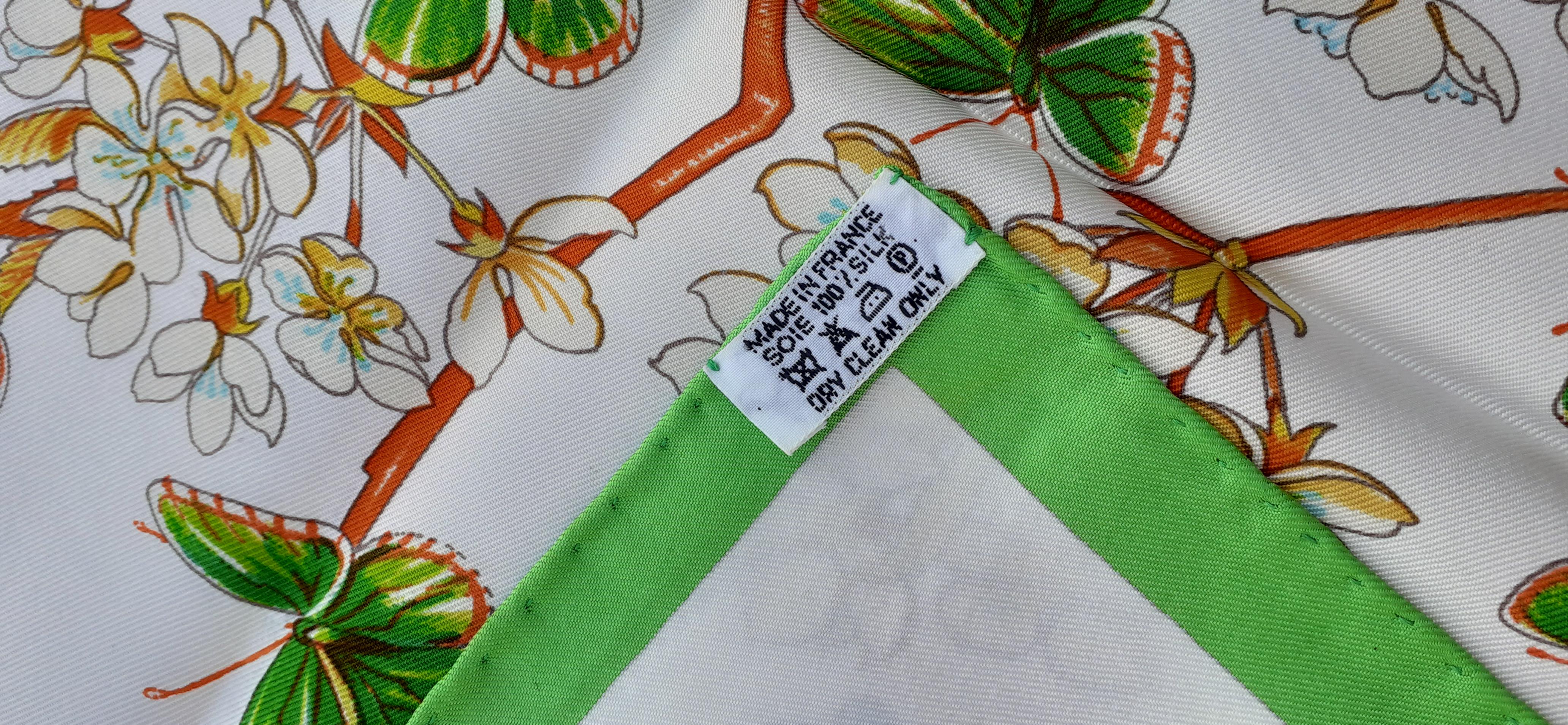 Hermès Silk Scarf Vol Amoureux des Azurés Butterflies White Green Toutsy 90 cm 12