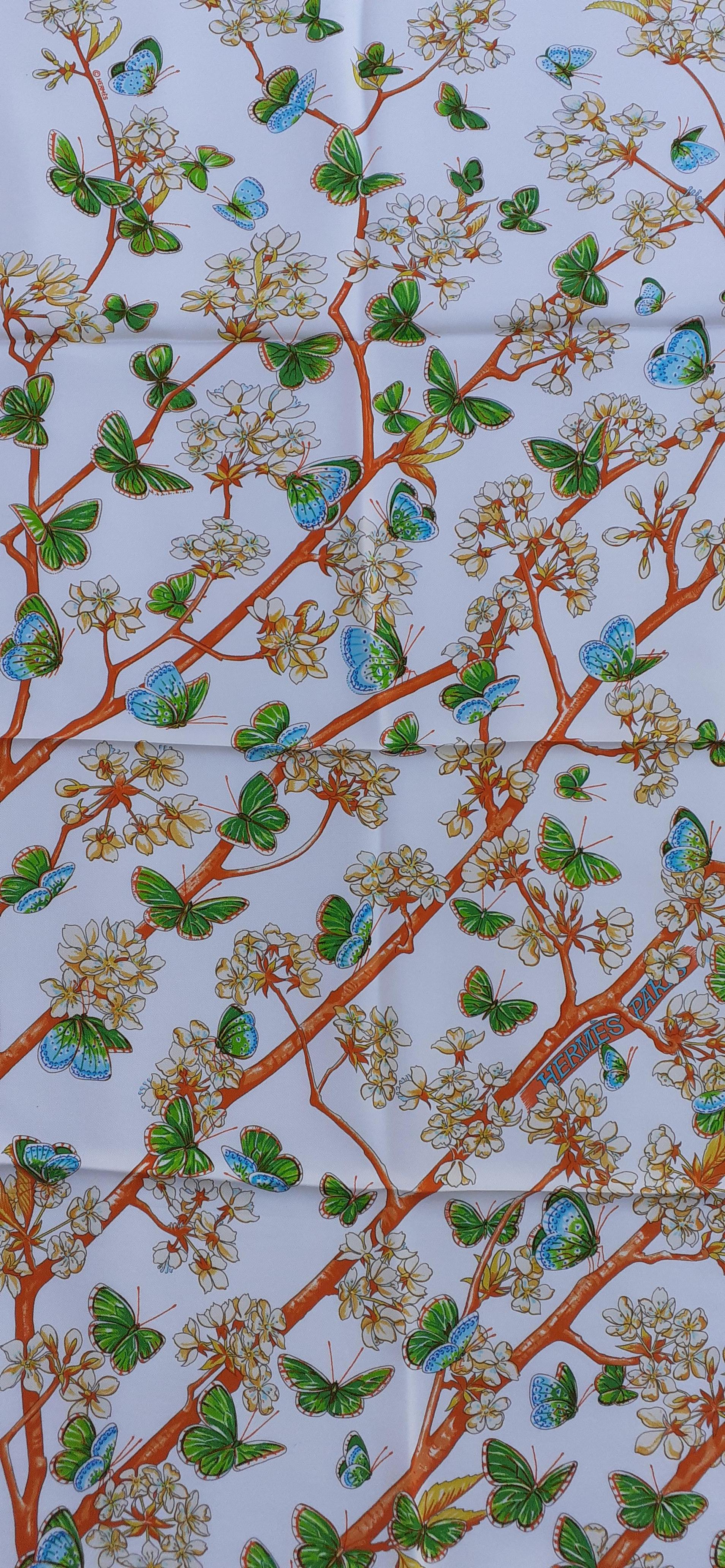 Women's Hermès Silk Scarf Vol Amoureux des Azurés Butterflies White Green Toutsy 90 cm