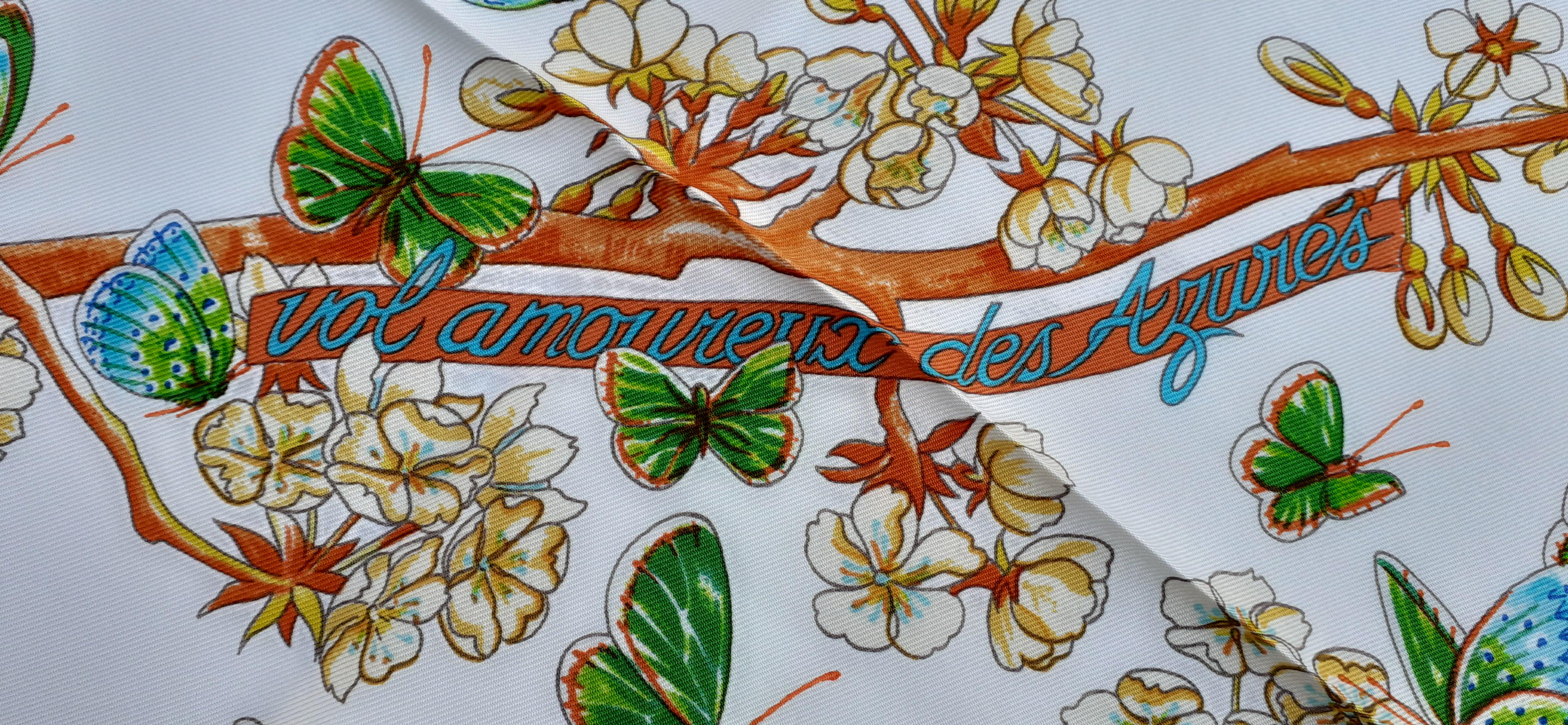 Hermès Silk Scarf Vol Amoureux des Azurés Butterflies White Green Toutsy 90 cm 2