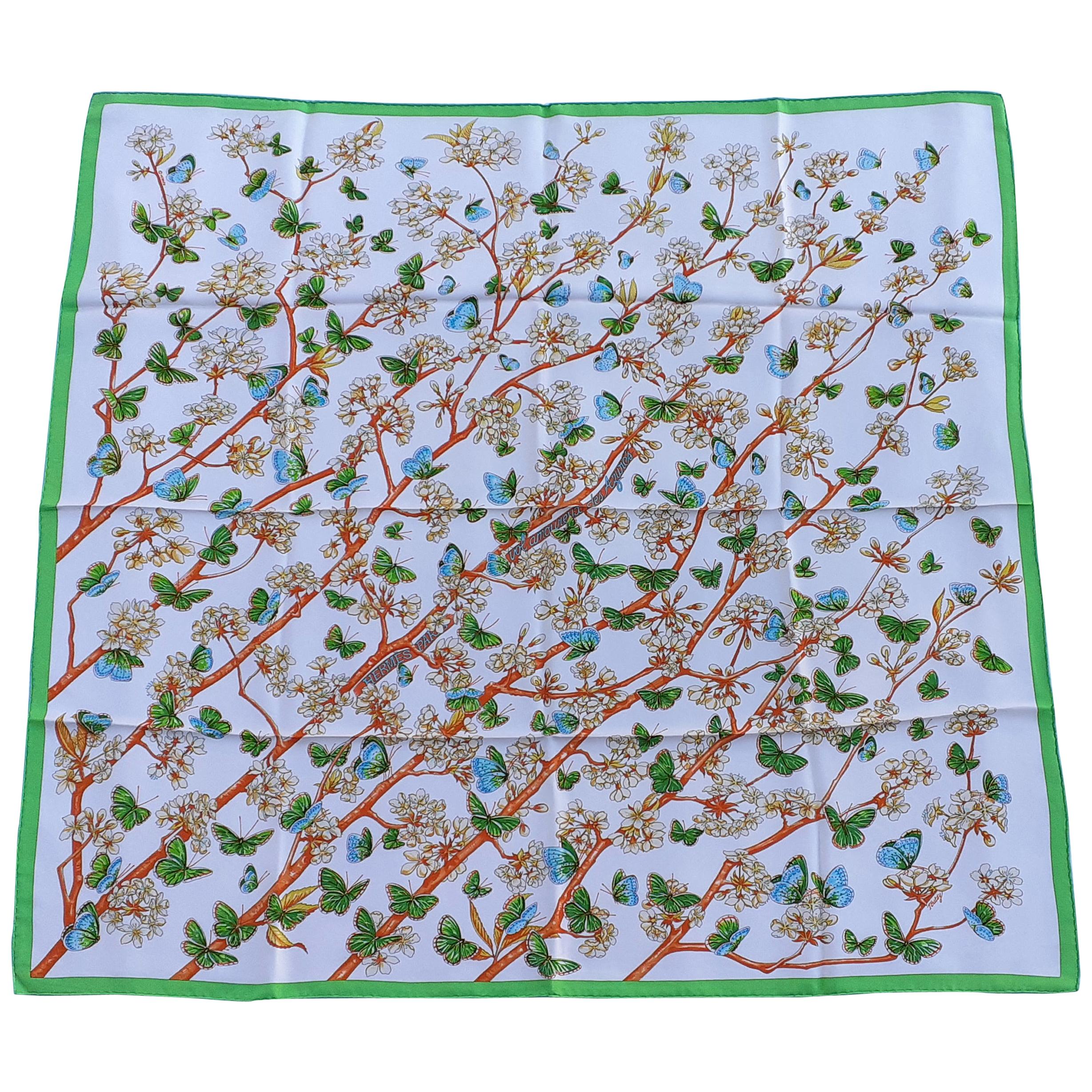 Hermès Silk Scarf Vol Amoureux des Azurés Butterflies White Green Toutsy 90 cm