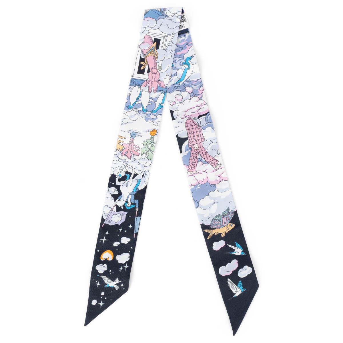 100% authentic Hermès Sur Mon Nuage Twilly scarf by Dimitri Rybalchenko in black silk twill (100%) with details in white, mauve, blue, green and orange. Brand new with tag and box.


Measurements
Width	5cm (2in)
Length	86cm (33.5in)

All our