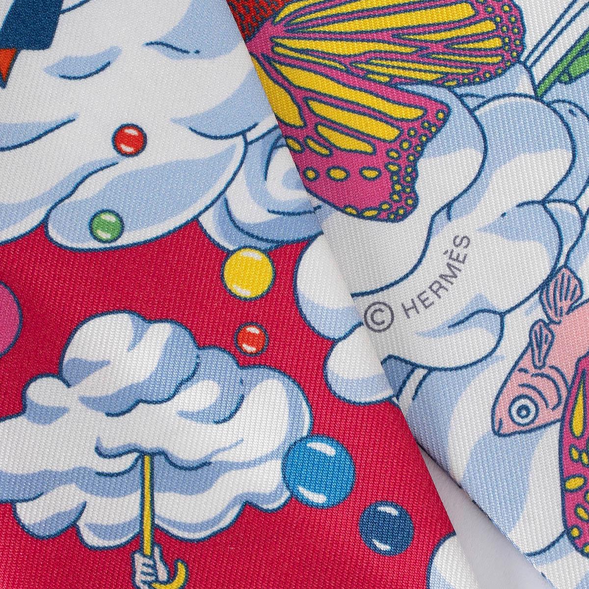 HERMES silk SUR MON NUAGES Twilly Scarf Fuchsia Bleu Multicolore In Excellent Condition For Sale In Zürich, CH