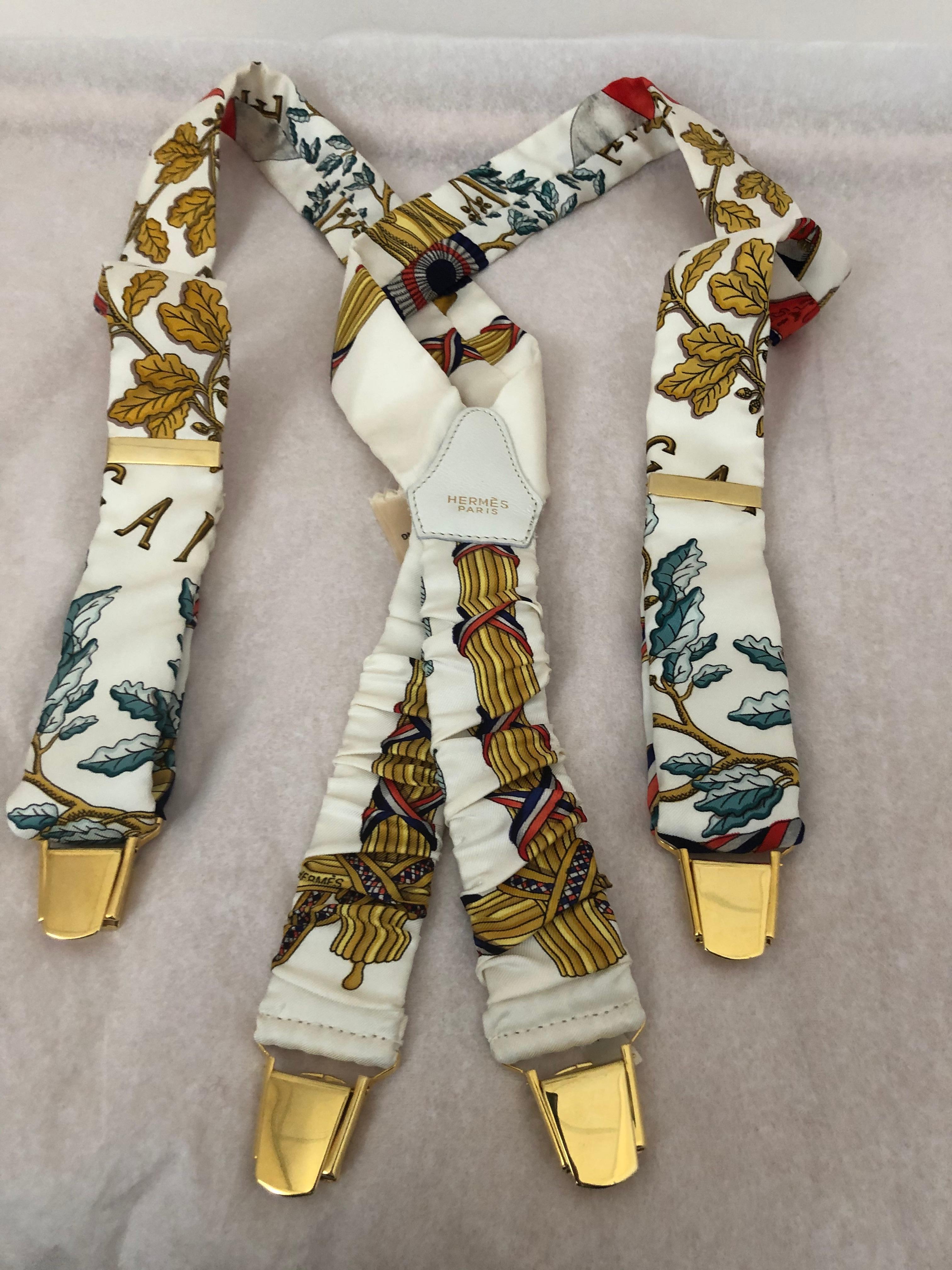 Designed by Joachim Metz, the vintage silk and calf leather suspenders have snap closures; gold hardware, and adjustable straps. The design is Republique Francaise Liverte Egalite Fraternite, the moto of the French Republic since 1789.

These
