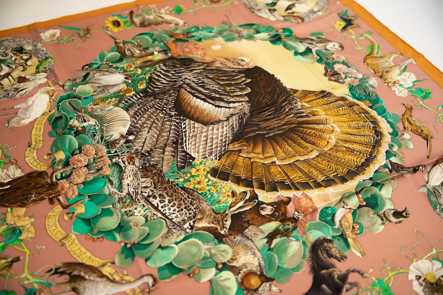 Hermès Faune et Flore di Texas (aka Texas wildlife) scarf designed by artist Kermit Oliver, 1986. Hand-rolled hem. Mint condition.