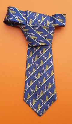 Hermès Silk Tie Sleds and Fir Tree Print Winter Ski Theme