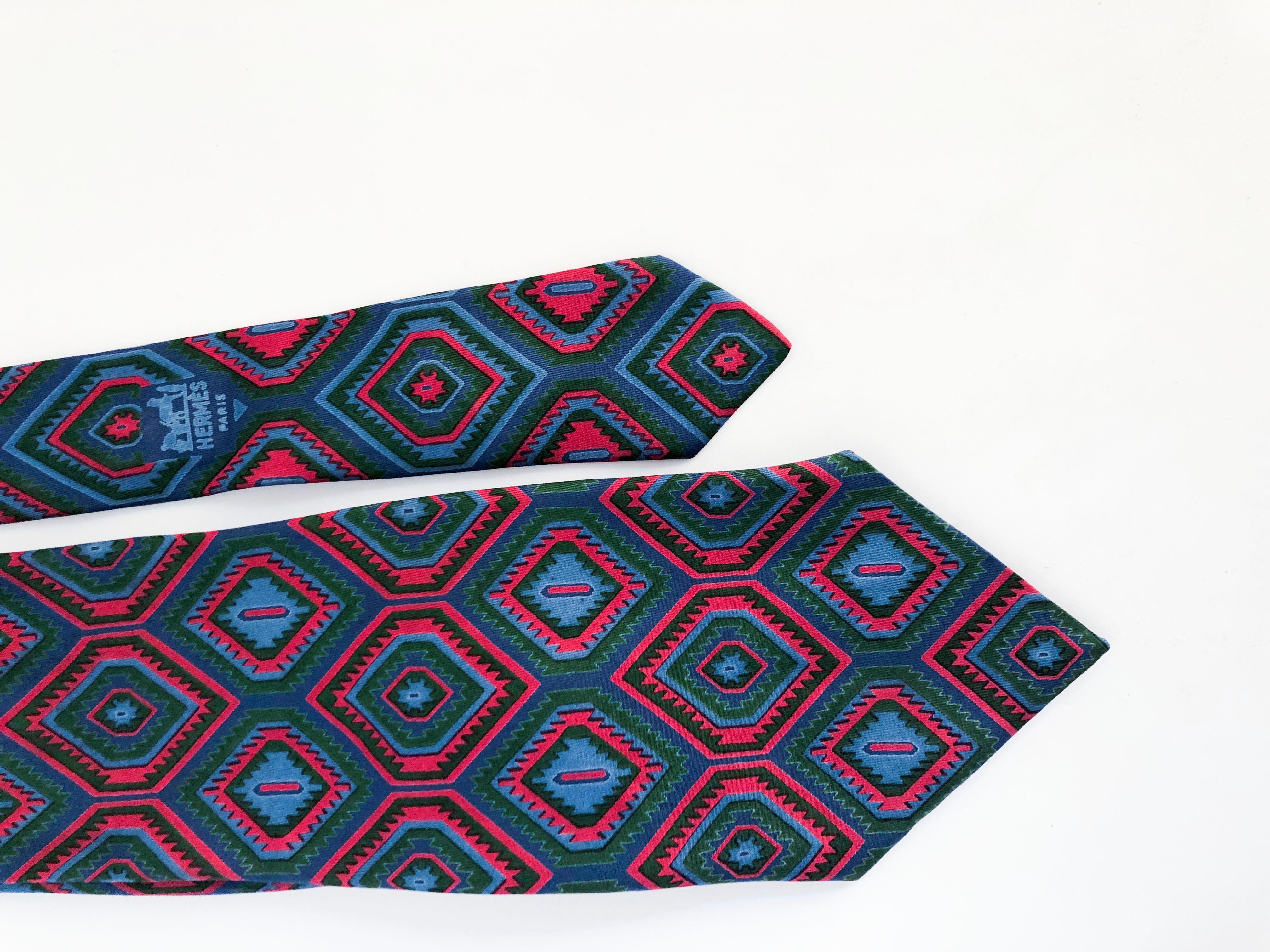 Hermès SIlk Tie with Diamond Pattern in blue, light blue, green, and red.