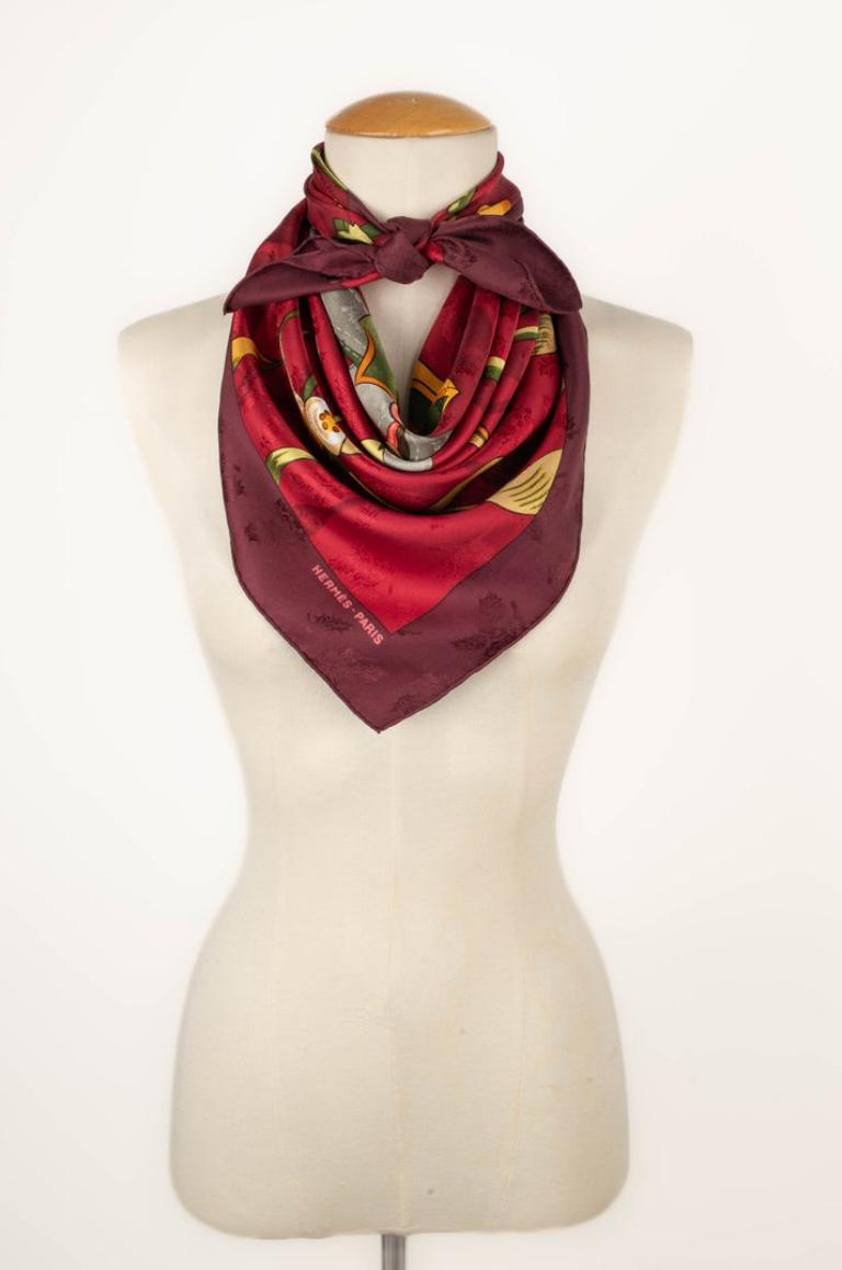 Red Hermès Silk Twill Foulard / Scarf 'Antique Snow Details', 2001