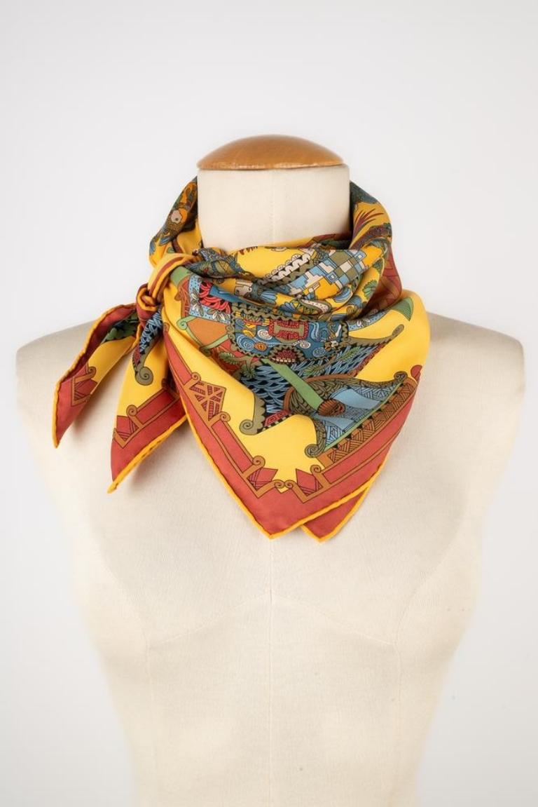 Beige Hermès Silk Twill Foulard/Scarf 'Trees and Suns', 1994