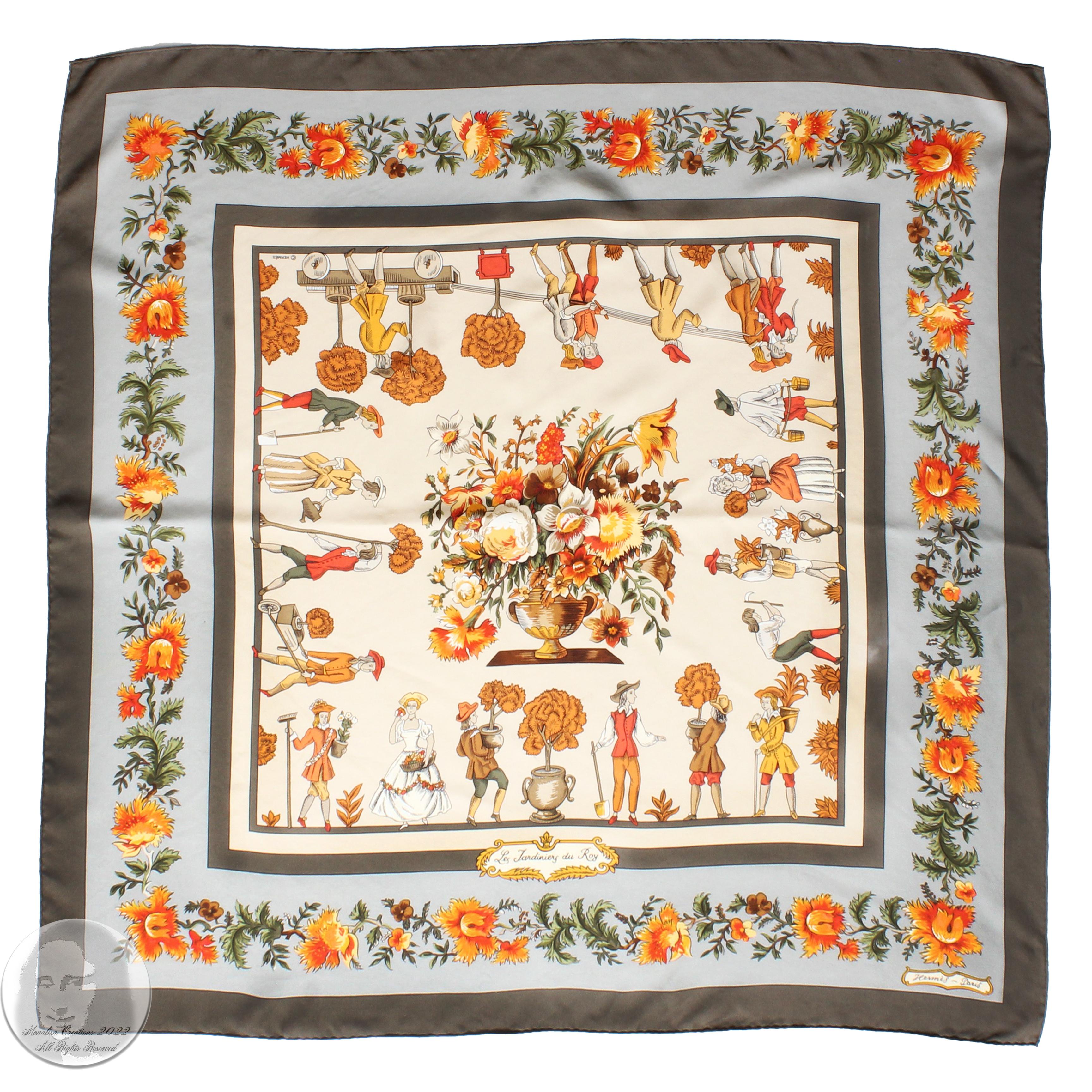 Authentic, preowned, vintage Hermes silk twill scarf or shawl, designed by French artist and illustrator Maurice Tranchant in 1967. A fabulous design featuring an olive border with bold florals and figurals throughout. It still retains its care