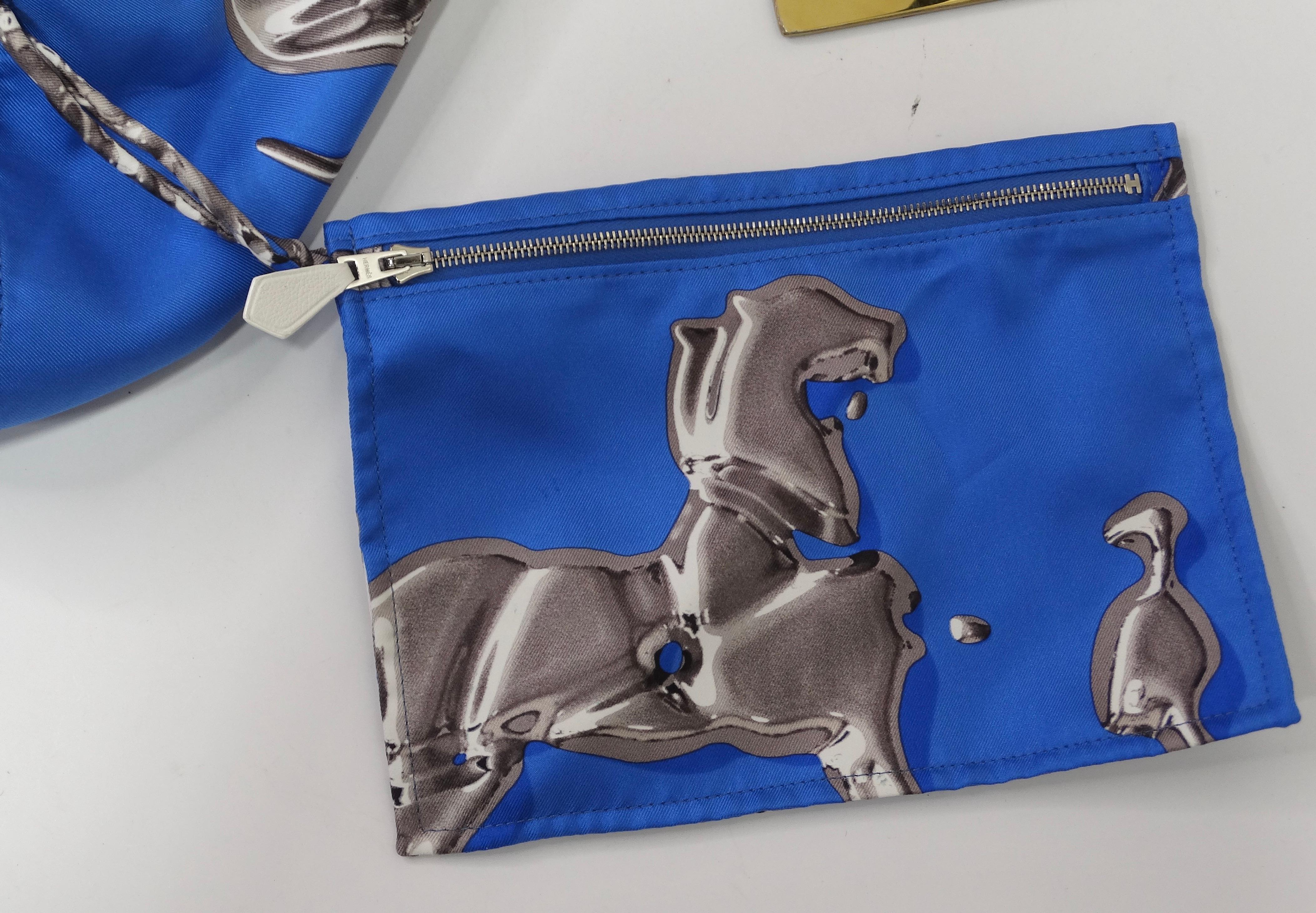 Blue Hermes Silky City Bag Printed Silk and Leather PM For Sale