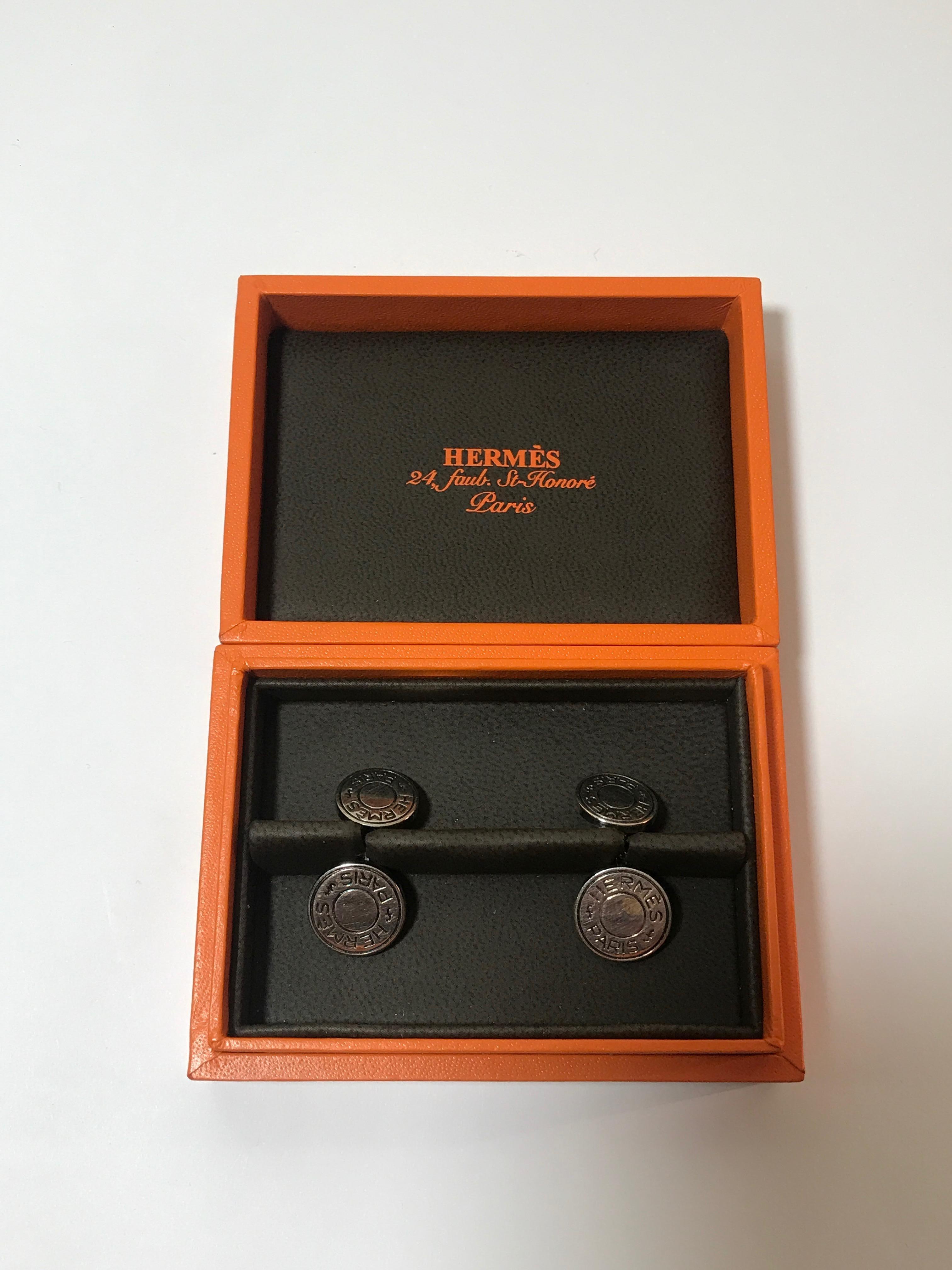 Hermes Silver 925 Clous de Selle Cufflinks Box, Boutons de Manchette Argent 1