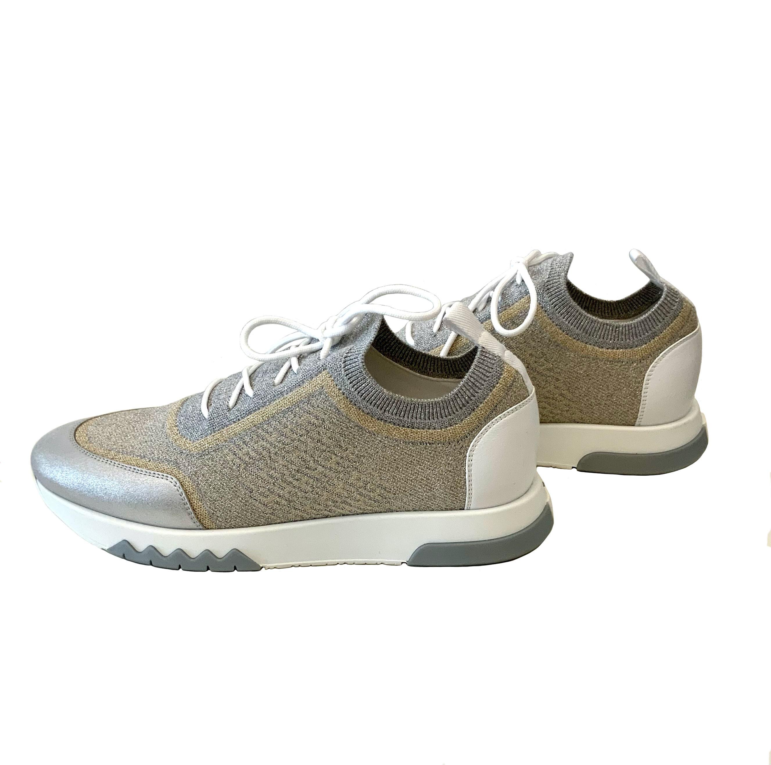 Hermès Silver and Gold Metallic Knit Addict Sneakers NEW In Excellent Condition In Geneva, CH