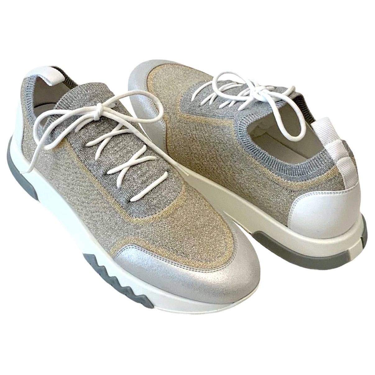 Hermès Silver and Gold Metallic Knit Addict Sneakers NEW