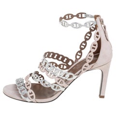 Hermes Silver/Beige Suede And Leather Chaine D'Ancre Sandals Size 37
