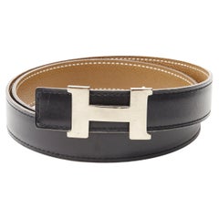 HERMES cintura in pelle reversibile marrone nera con fibbia classica H in argento 75cm 30".