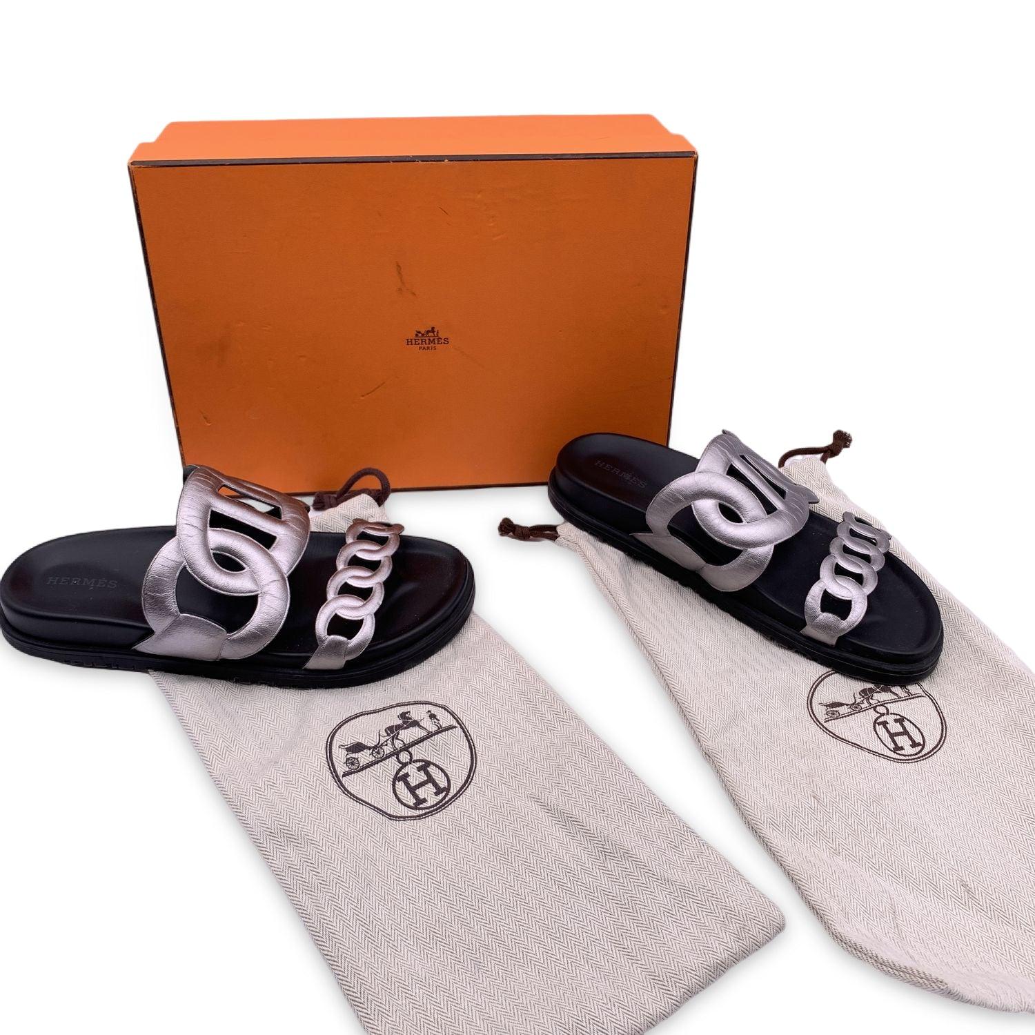 Hermes Silver Leather Chaine d'Ancre Extra Slide Sandals Shoes Size 37 en vente 3