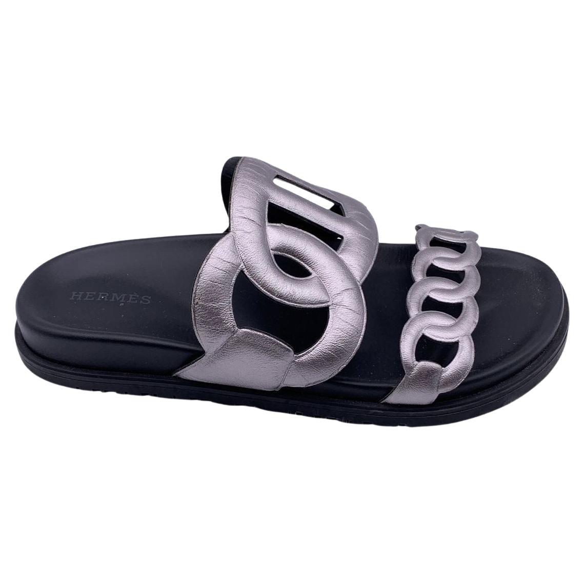 Hermes Silver Leather Chaine d'Ancre Extra Slide Sandals Shoes Size 37 en vente