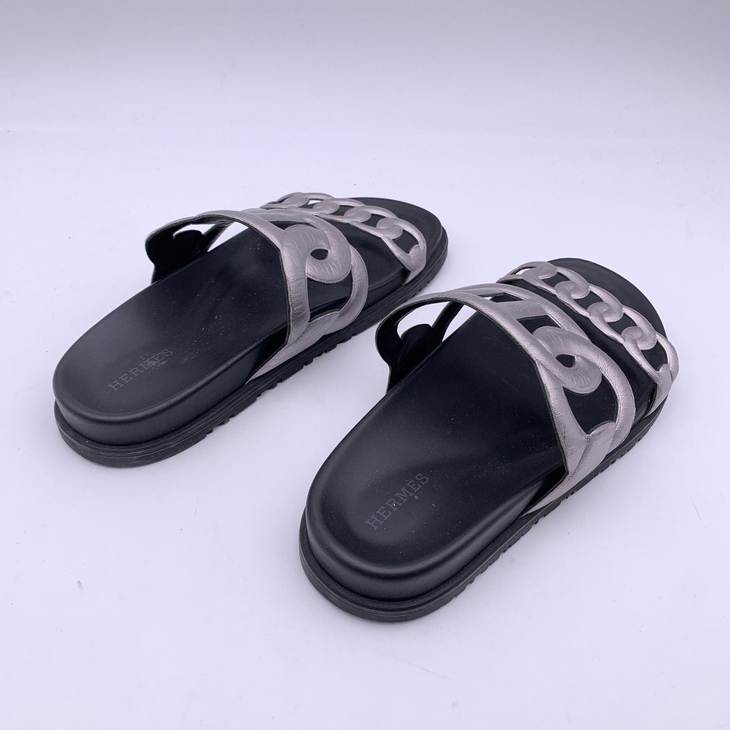 Black Hermes Silver Leather Extra Slide Sandals Shoes Size 37