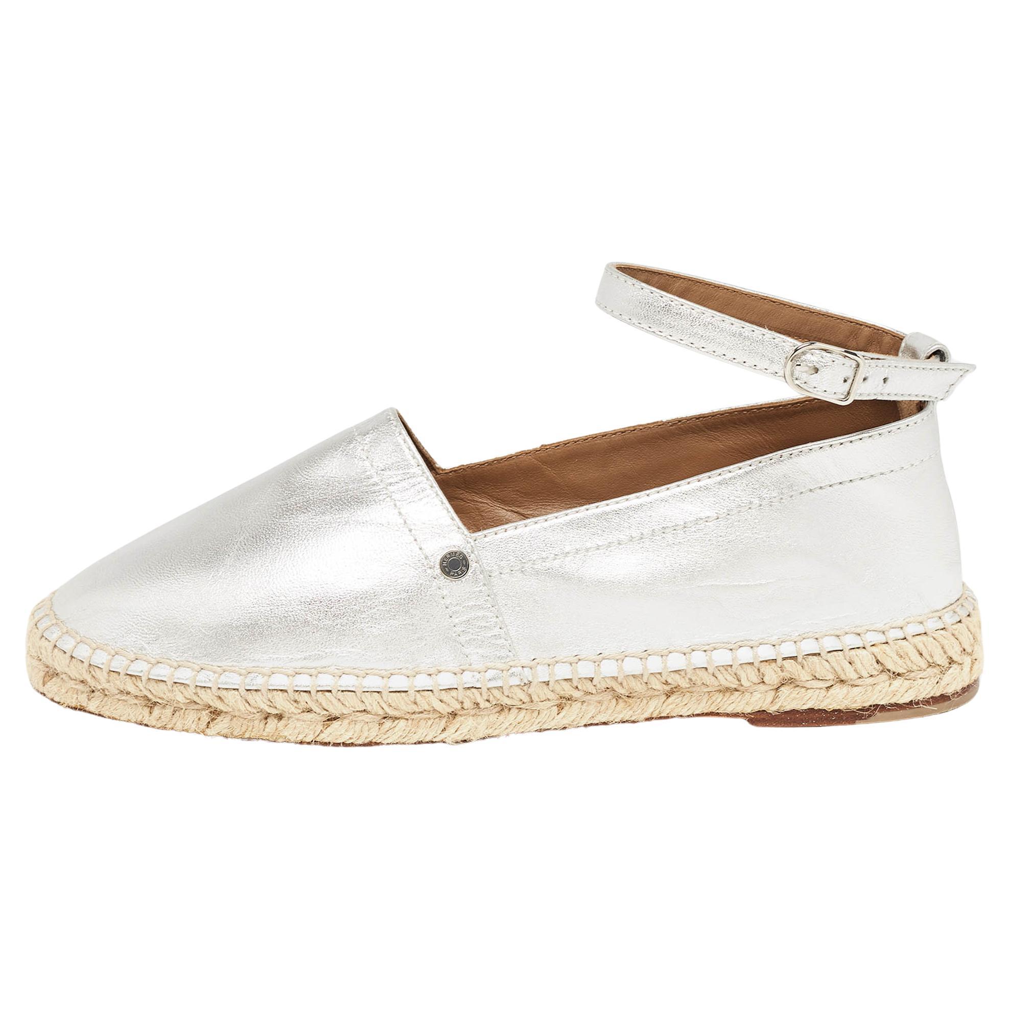 Hermes Silver Leather Malaga Ankle Strap Espadrilles Size 38 For Sale