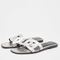 Hermes Silver Leather Omaha Flat Slides Size 37