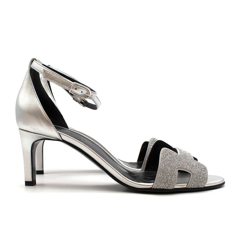 Hermes Silver Leather Premiere 70 Glitter Sandals - Us Size 8 For Sale ...